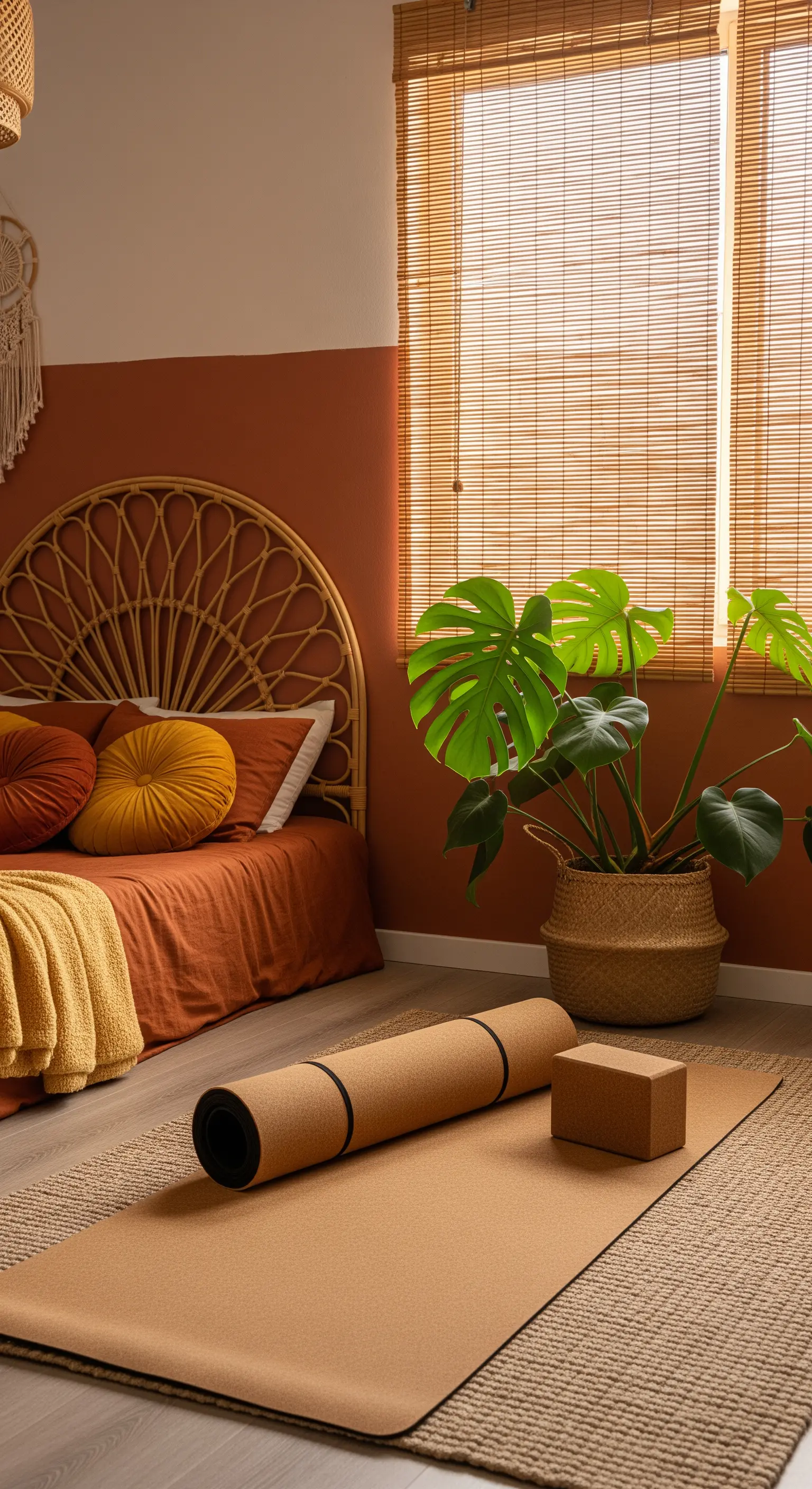Boho-Schlafzimmer mit Terrakotta-Akzentwand, Rattan-Kopfteil und Monstera-Pflanze.