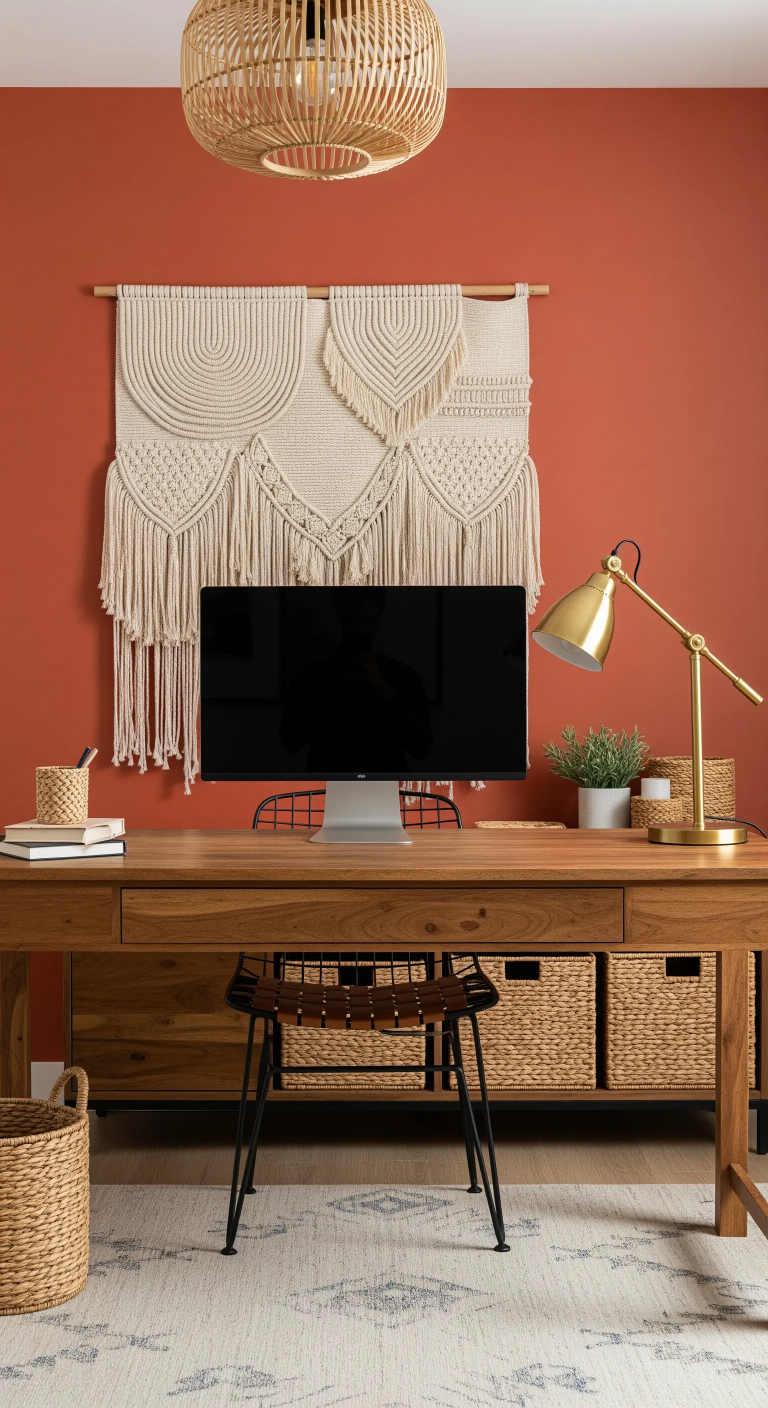 Boho-Homeoffice mit Terrakotta-Wand, großem Makramee und Holztisch