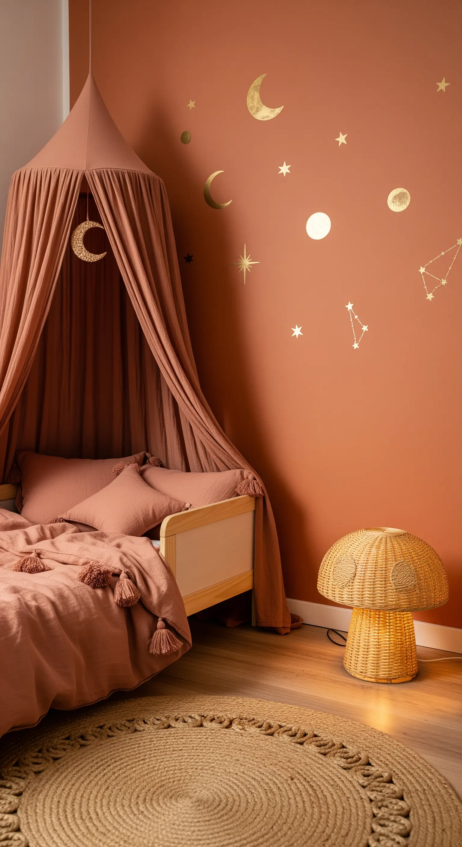 Kinderzimmer in Terrakotta mit goldenen Sternen an der Wand und einem Betthimmel.