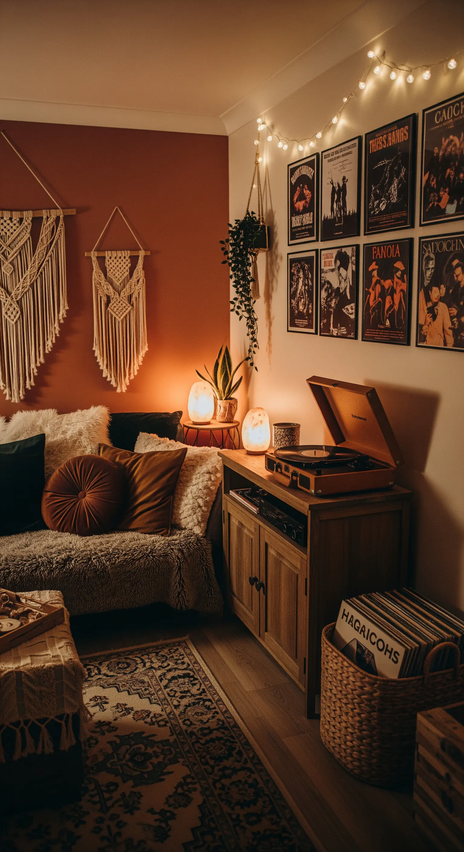 Gemütliche Boho-Musikecke mit Terrakotta-Wand, Makramee und Lichterketten