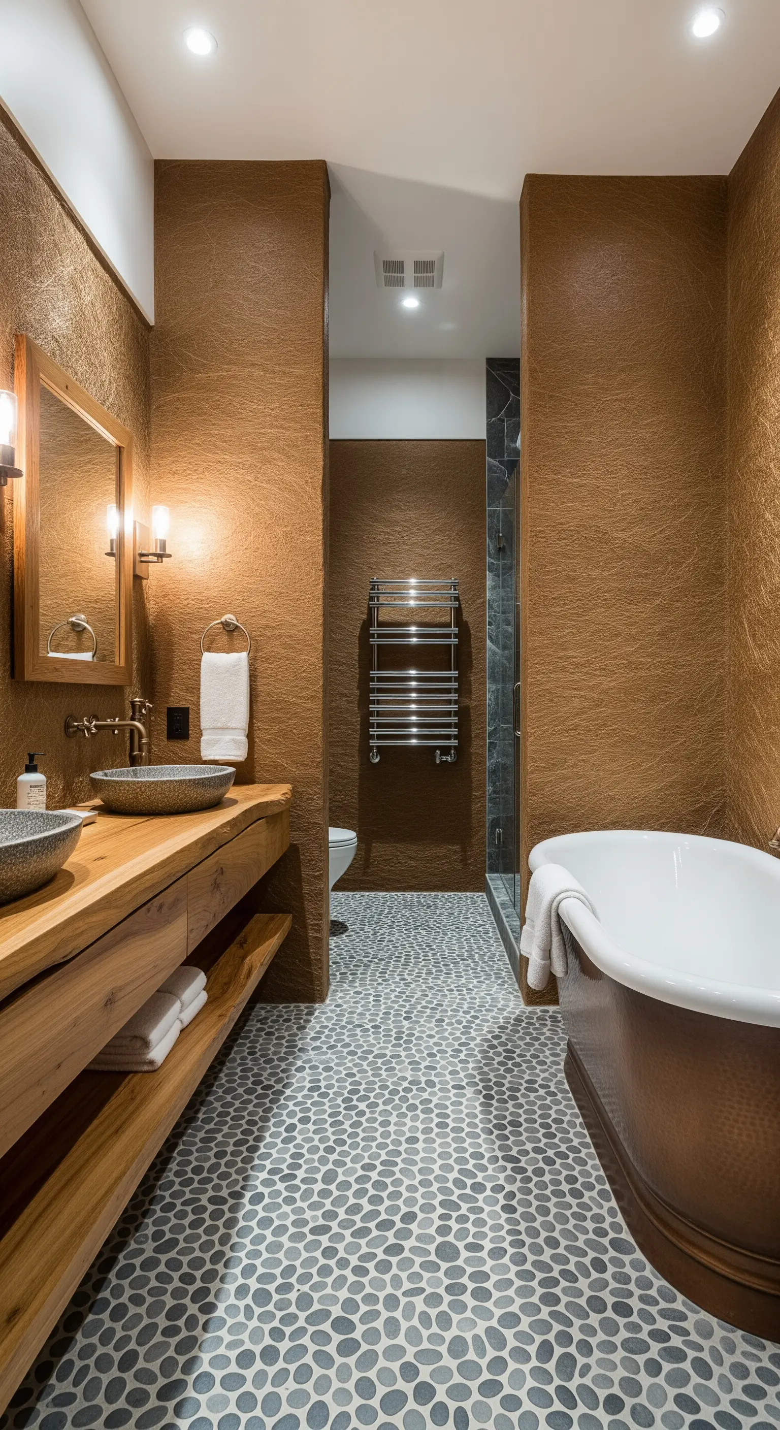 Badezimmer mit Wänden in Kupferoptik, einer freistehenden Kupferwanne und einem Kieselsteinboden.