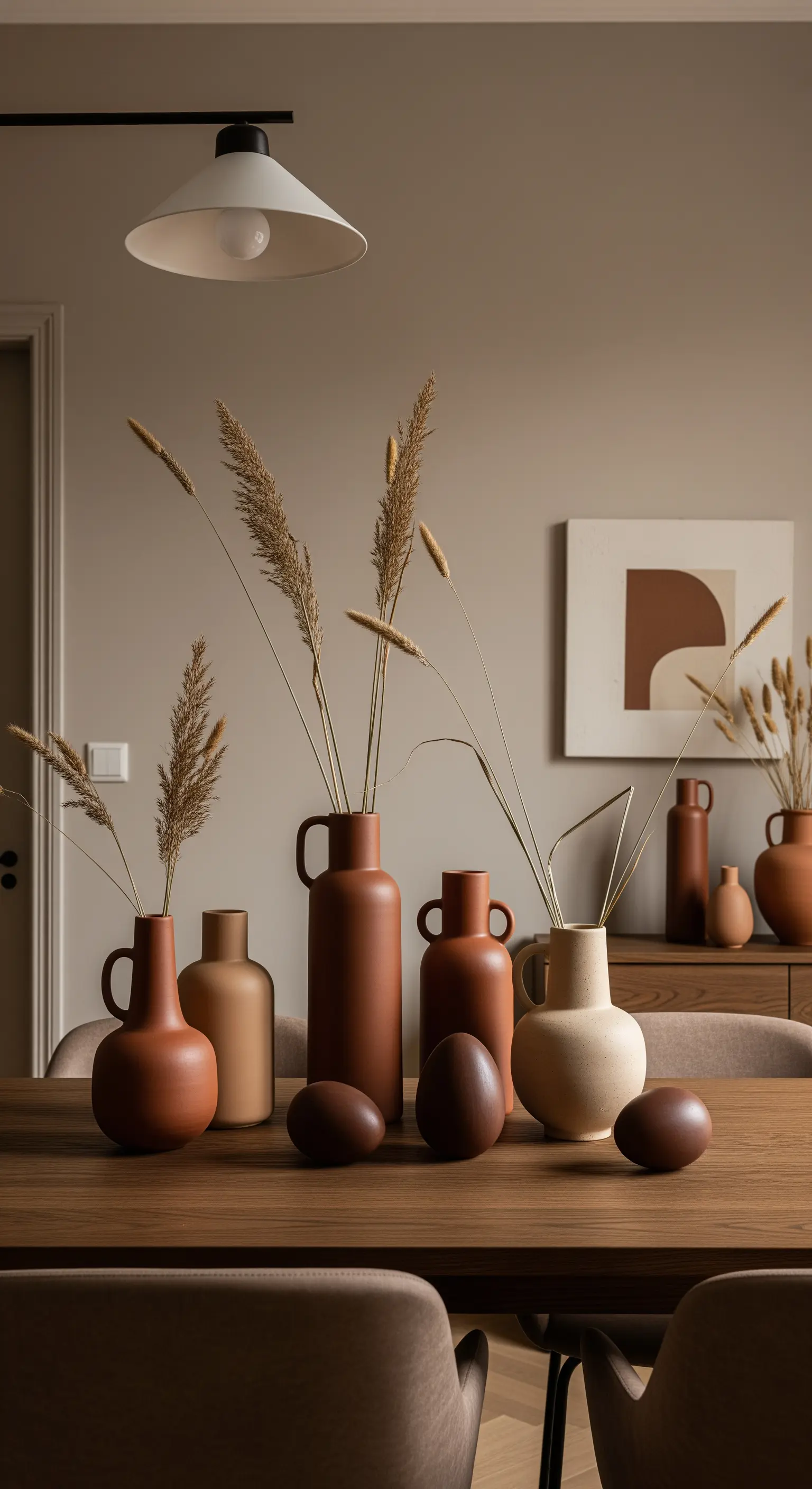 Eine Gruppe von Keramikvasen in Erdtönen mit Trockengräsern und dunklen Eiern