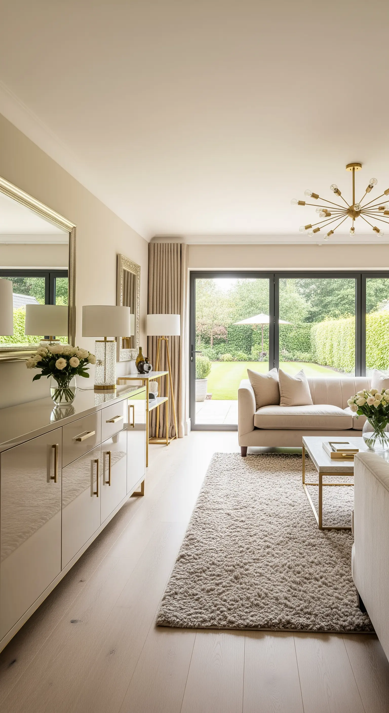 Cremefarbenes Hochglanz-Sideboard kombiniert mit einem flauschigen Teppich, Goldakzenten und weißen Rosen.