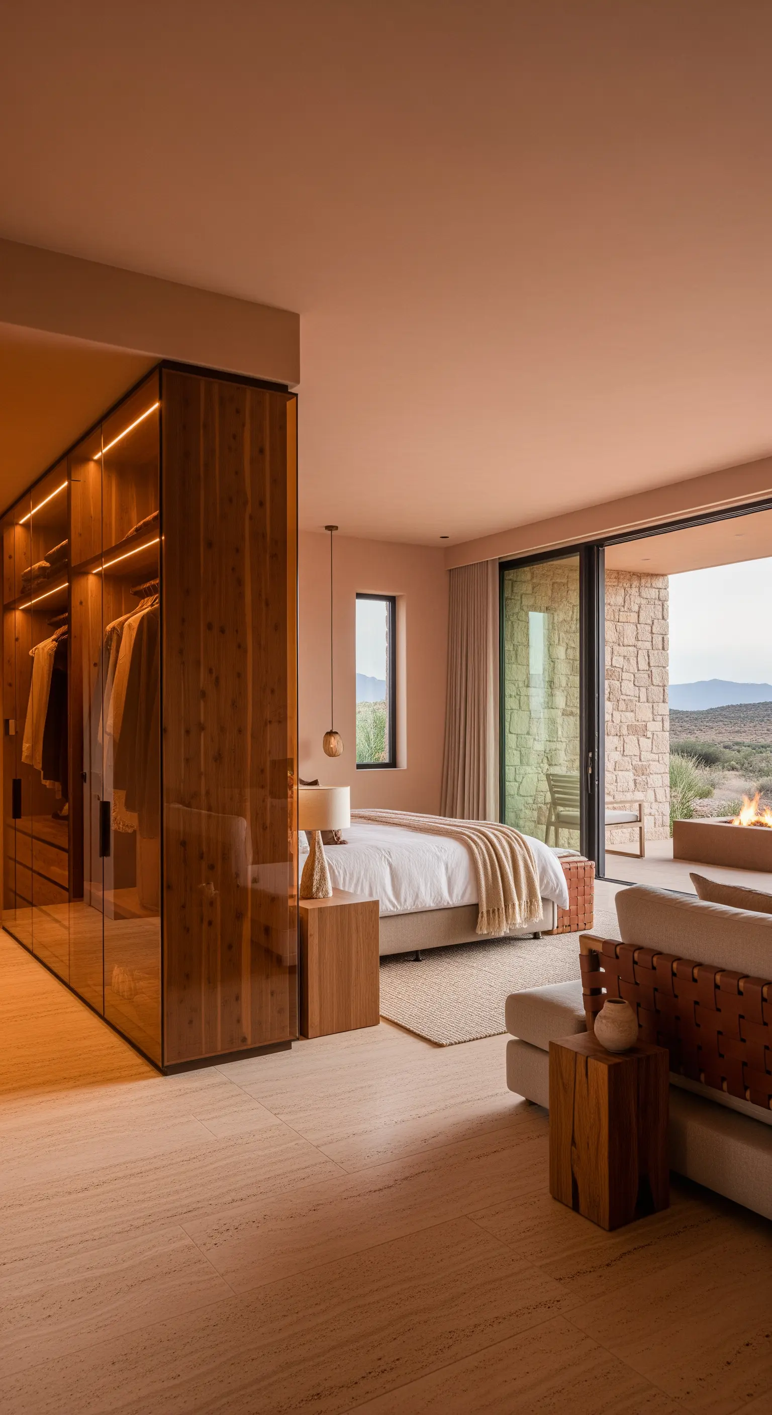 Kleiderschrank aus warmem Holz und bronzefarbenem Spiegelglas in einem Wüsten-inspirierten Schlafzimmer.