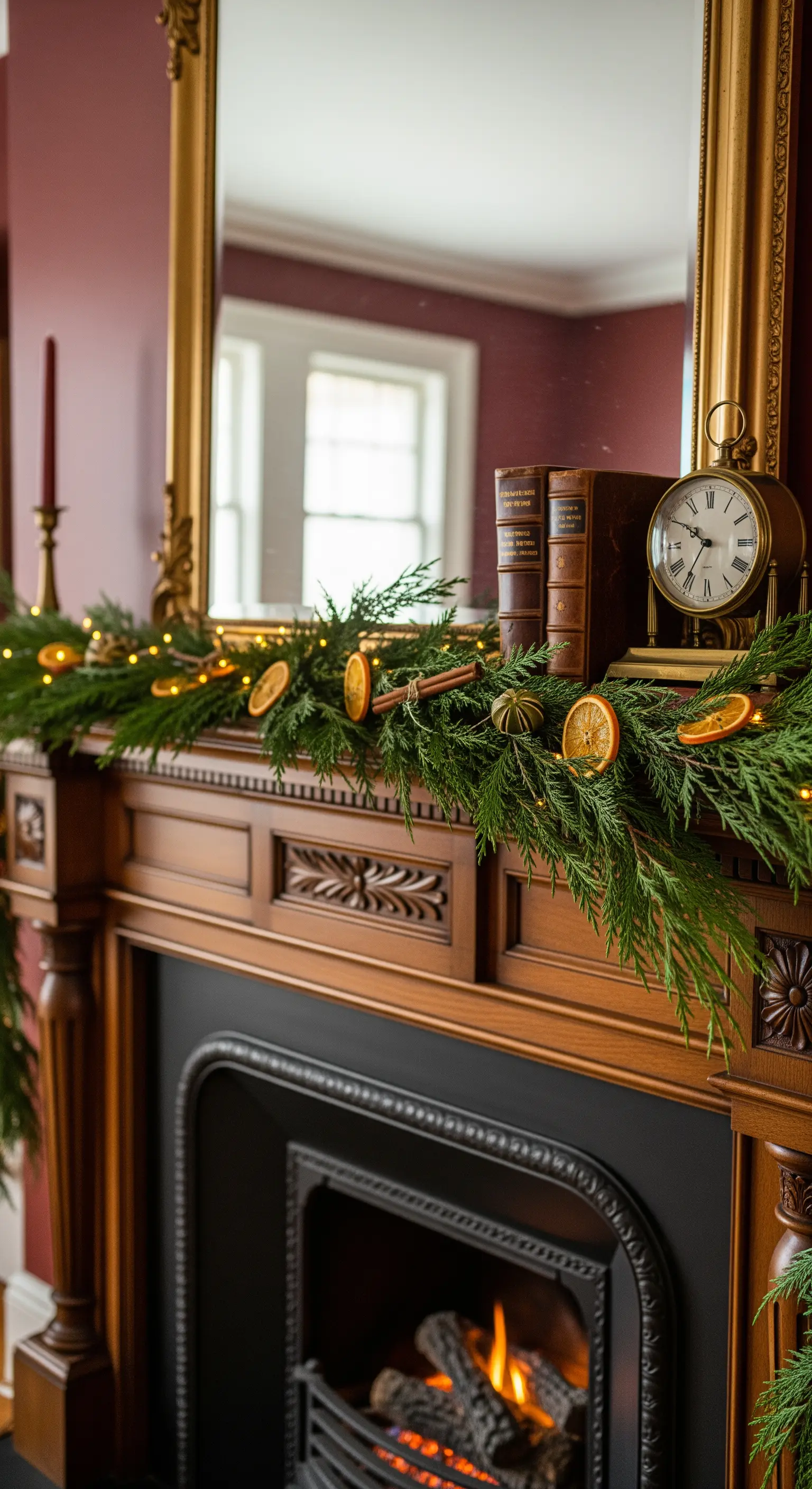 Tannengirlande, getrocknete Orangen, Vintage-Bücher auf Holzkamin