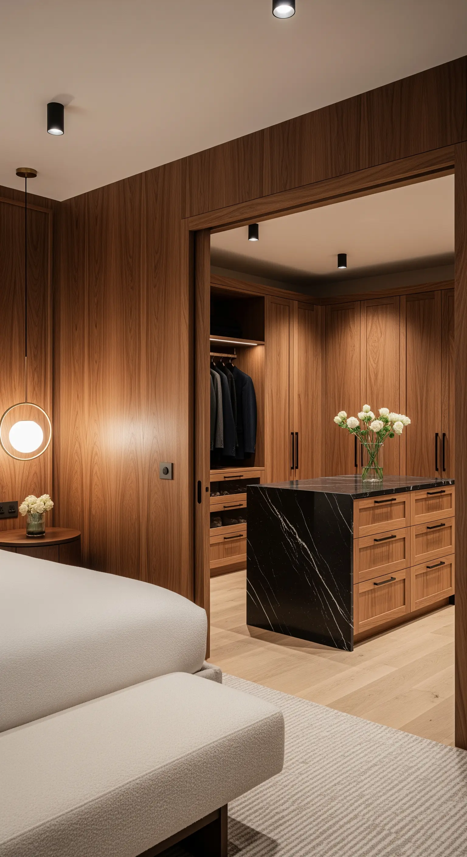 Schlafzimmer mit Walnussholz-Wandverkleidung und offenem Zugang zum luxuriösen Ankleidezimmer