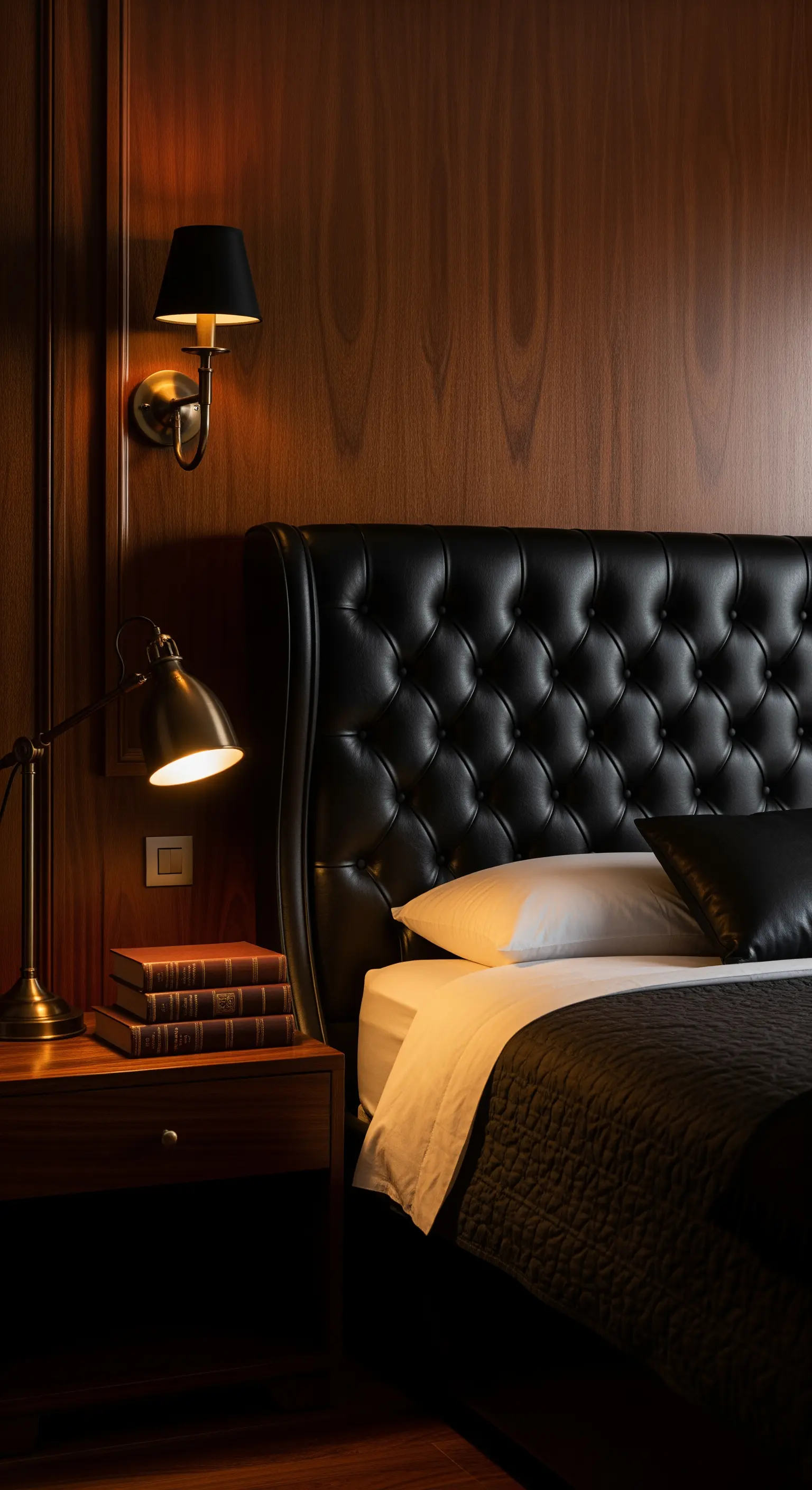 Schlafzimmer mit dunkler Holzvertäfelung, schwarzem Lederbett und Messinglampen