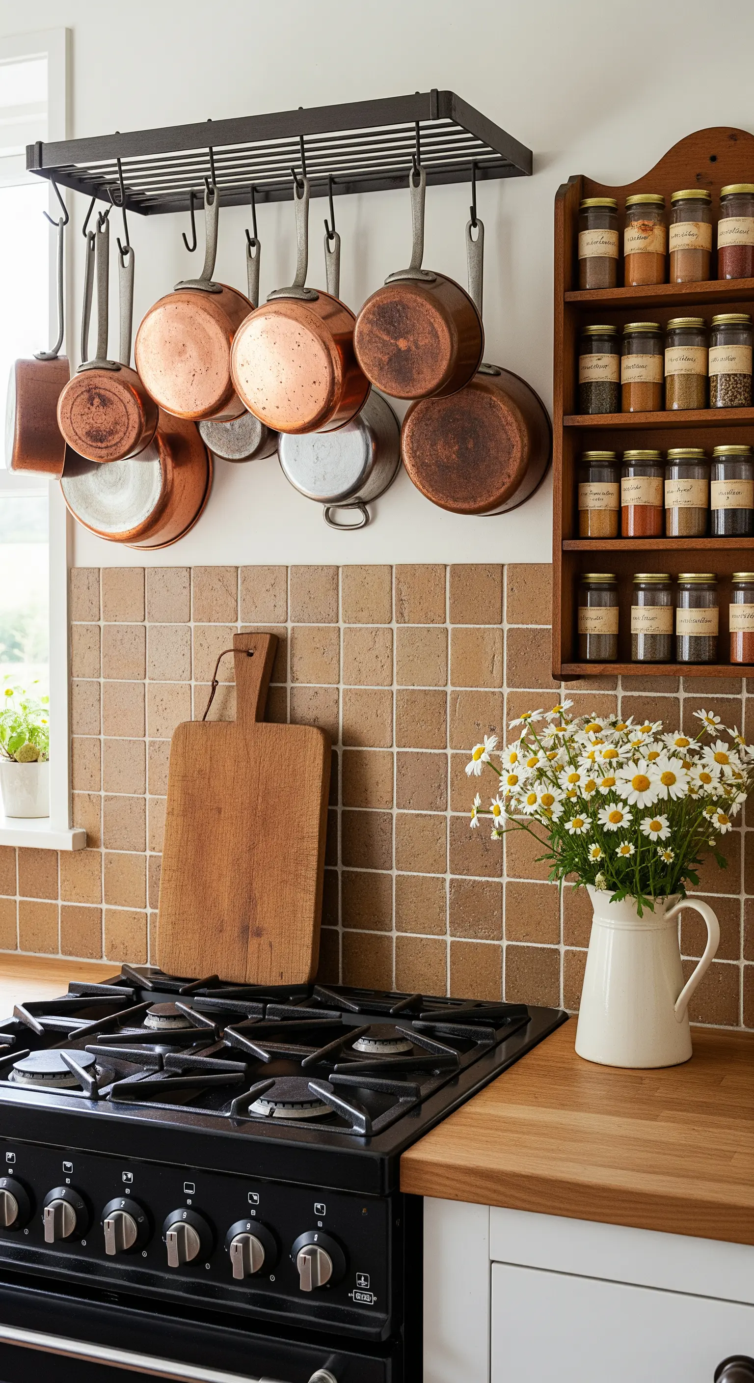 Kupfertöpfe, Gänseblümchen und Gewürzregal in Landhausküche