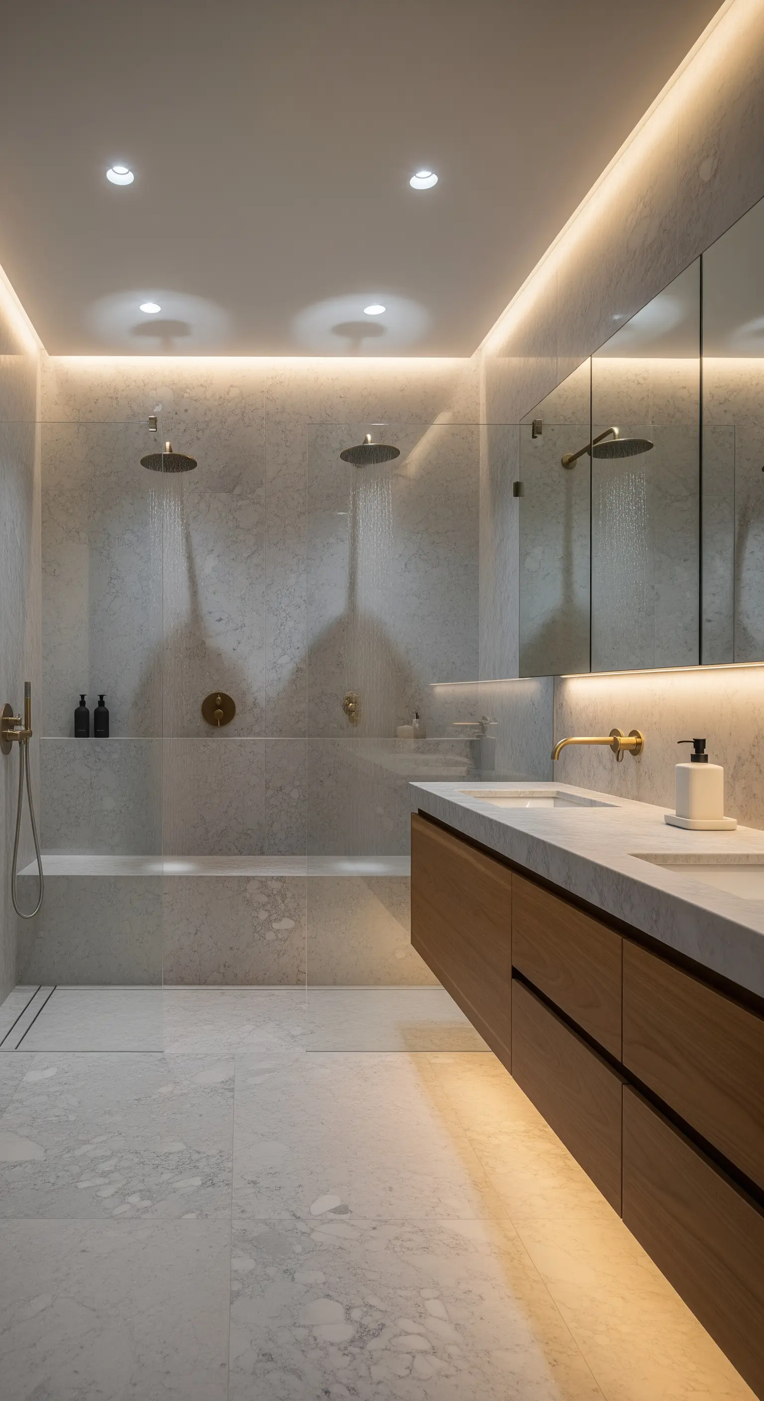 Luxuriöses Marmor-Badezimmer mit doppelter Dusche und goldenen Armaturen.