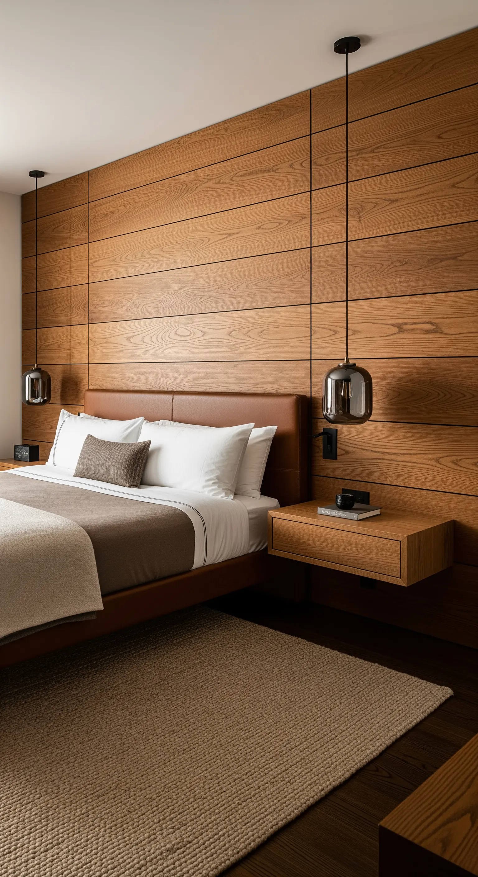 Horizontale Holzpaneele als Wandverkleidung mit schwebenden Nachttischen und Rauchglas-Pendelleuchten.