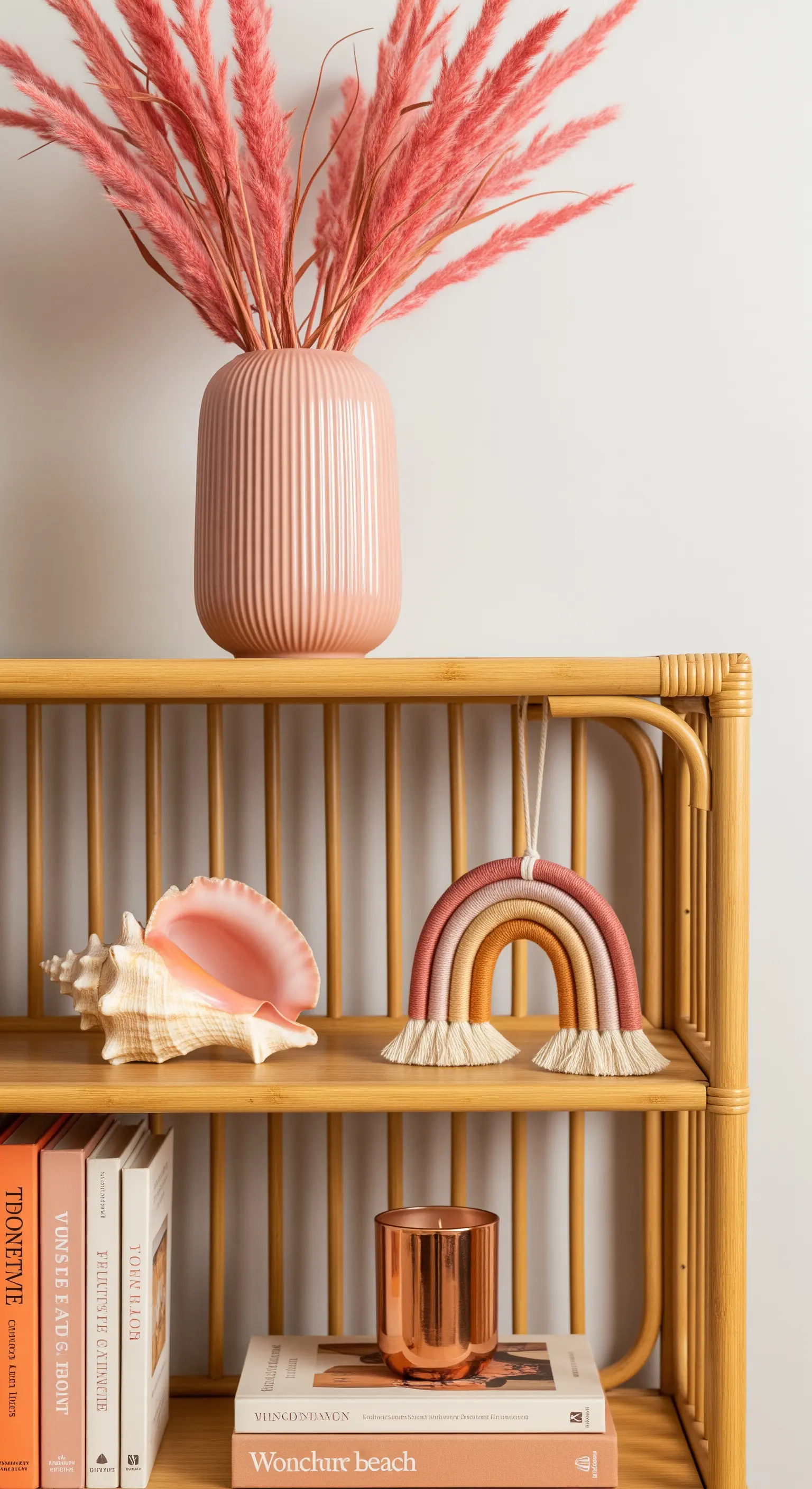 Rattan-Regal mit rosa Pampasgras, Makramee-Regenbogen und Muschel.