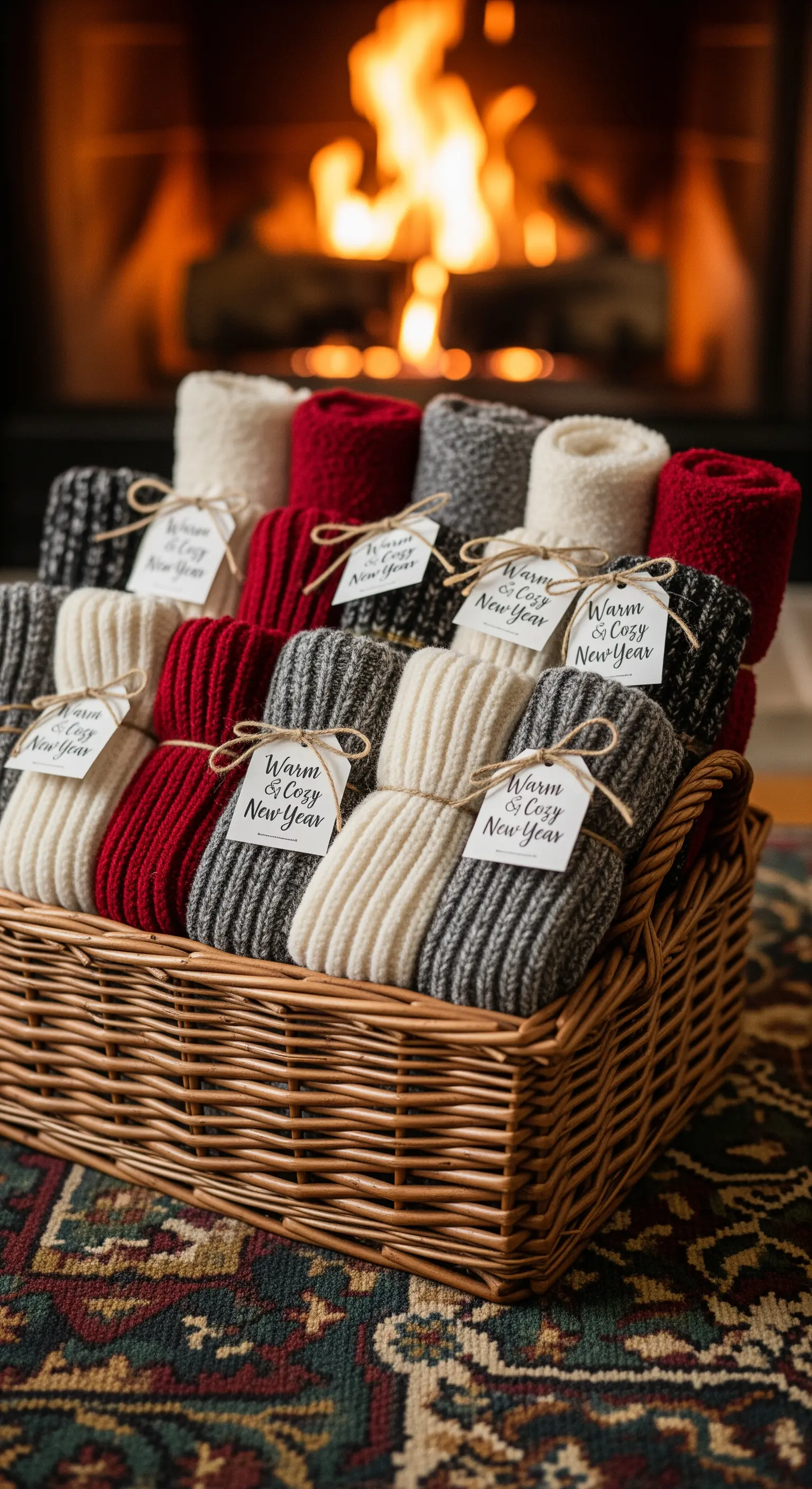 Weidenkorb gefüllt mit gerollten Socken in Creme, Rot, Grau, mit