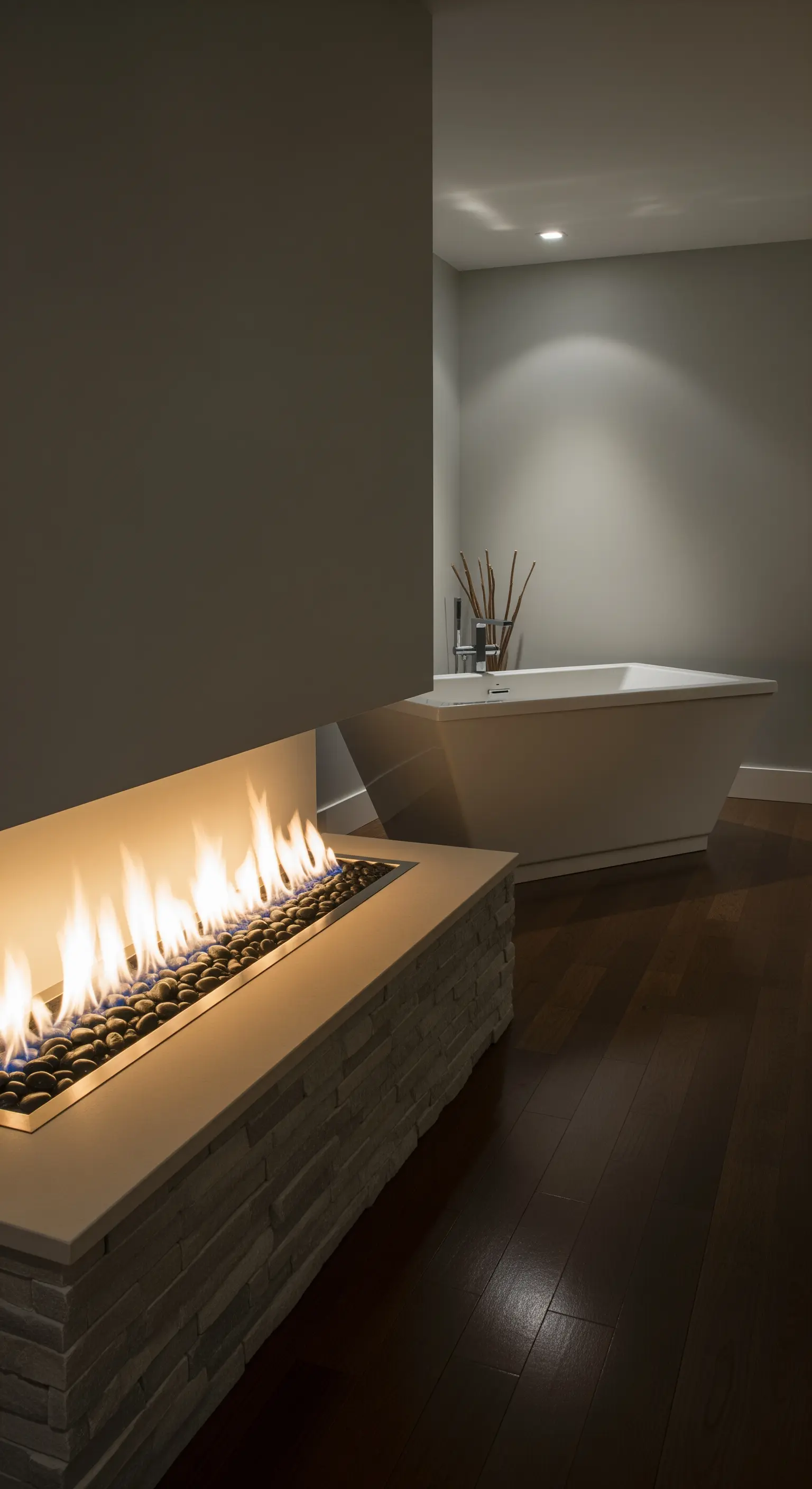 Modernes Badezimmer mit einem langen, in die Wand integrierten Gaskamin nahe der Badewanne.