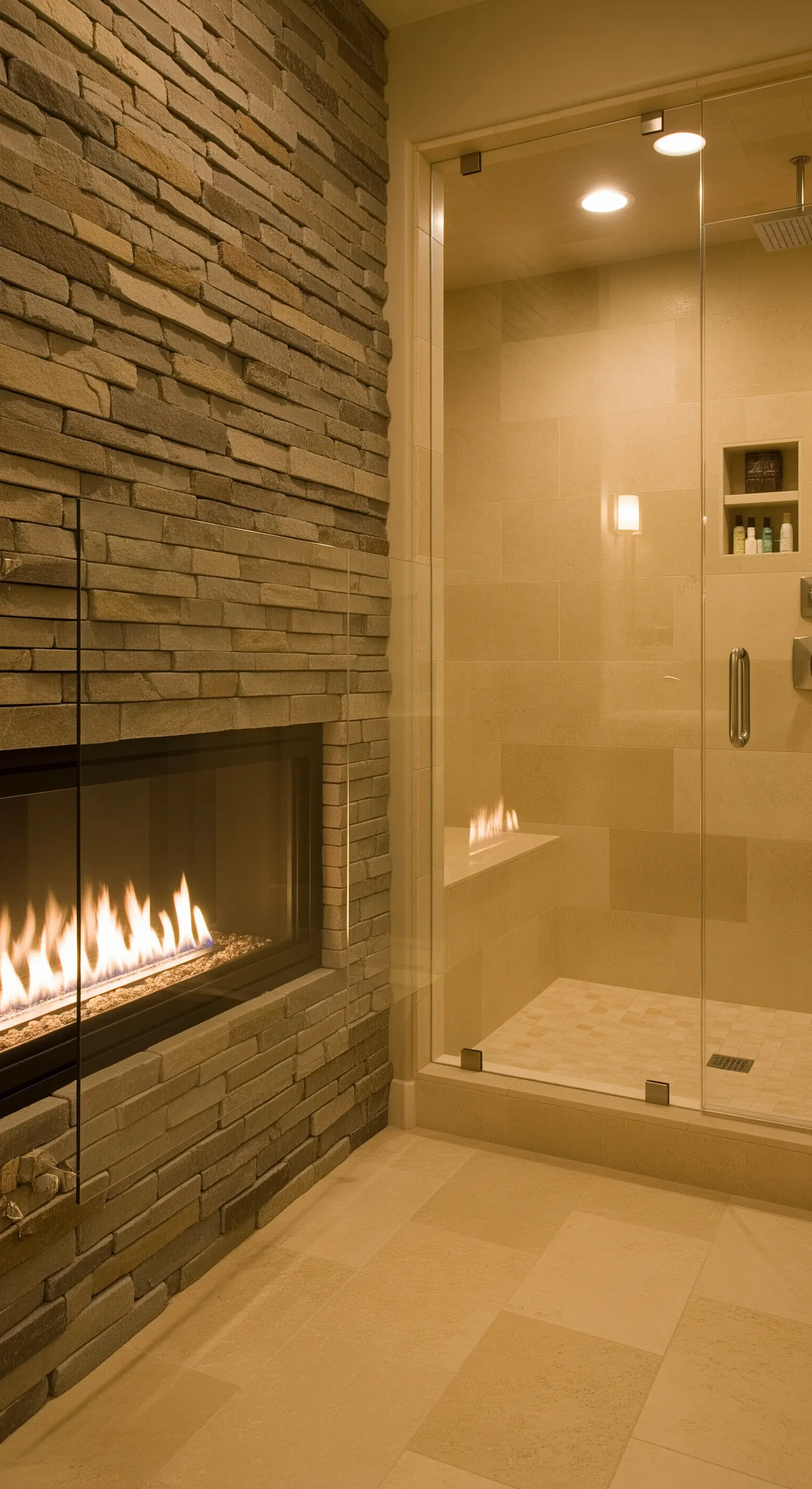 Luxuriöse Dusche neben einem in eine Natursteinwand eingelassenen Gaskamin