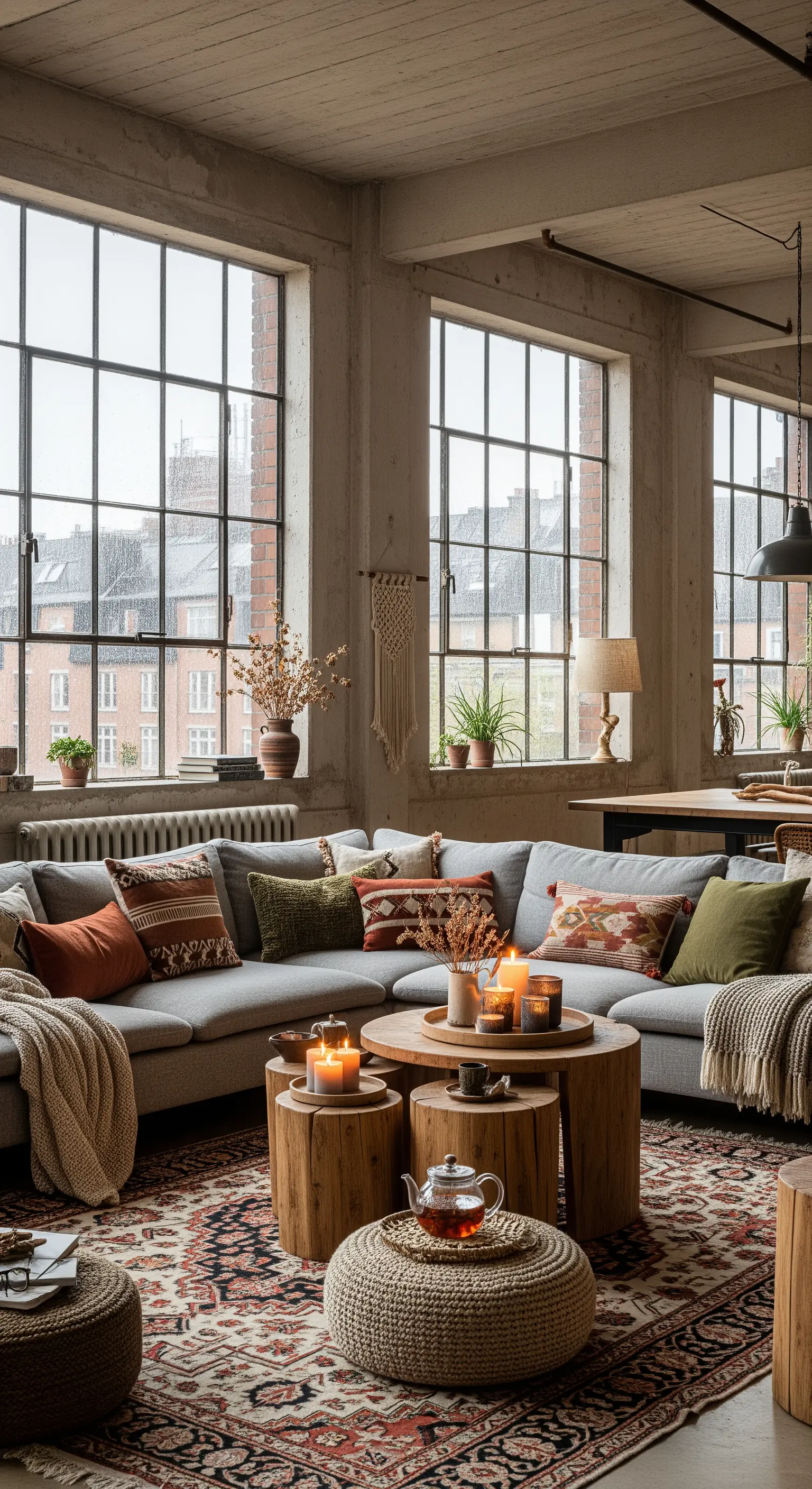 Großes Loft-Wohnzimmer mit Orientteppich und Holz-Couchtischen.