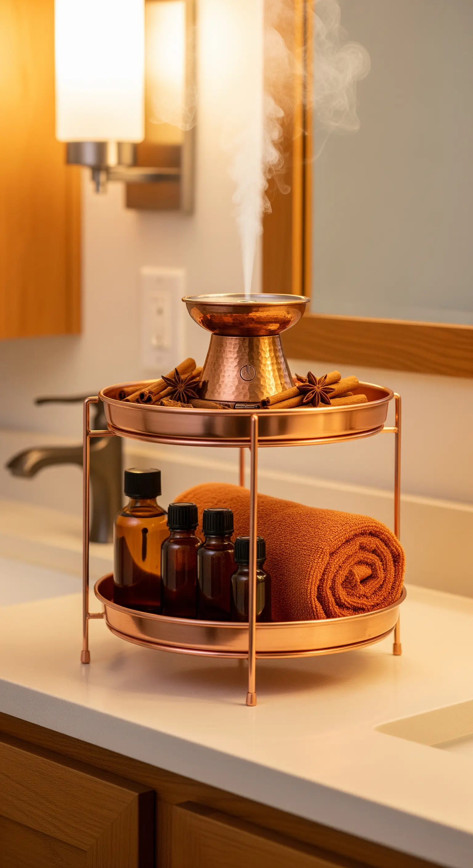 Kupferfarbene Etagere im Bad mit Öl-Diffusor, Handtuch und ätherischen Ölen