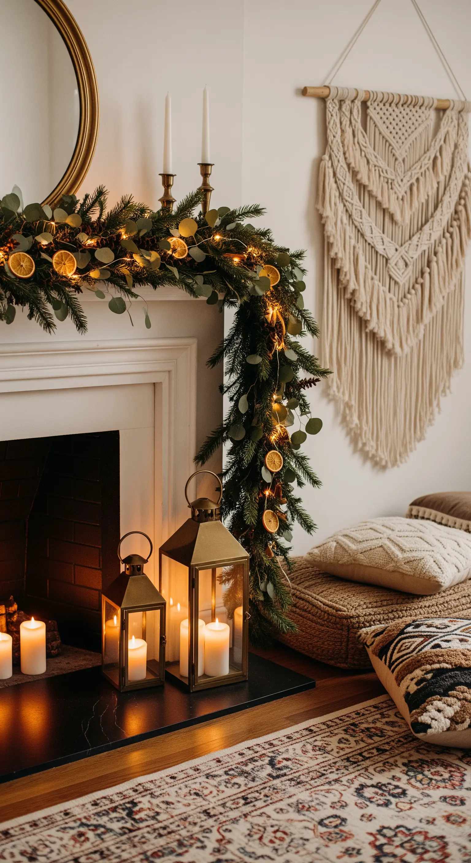 Boho-Kamindeko mit Orangenscheiben in der Girlande und Messing-Laternen.