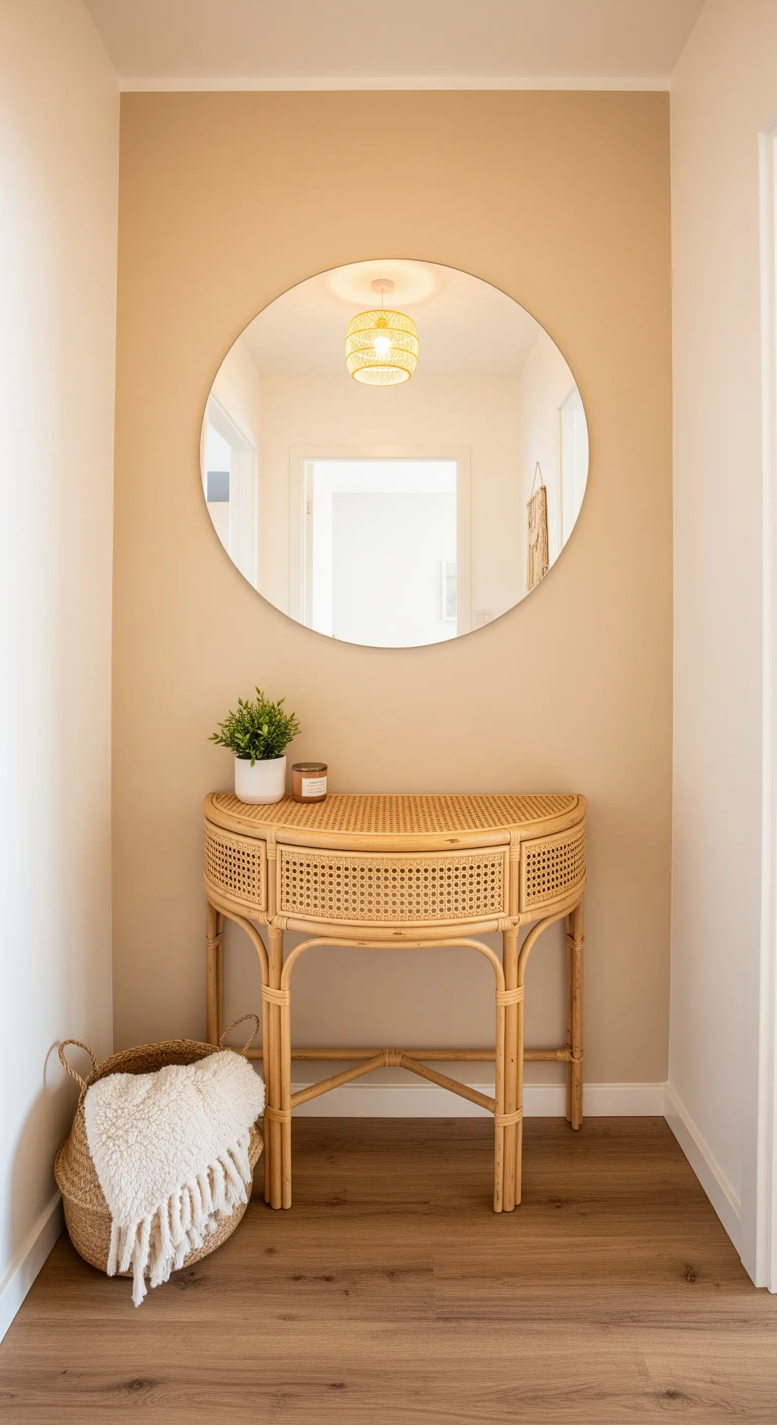Eingangsbereich mit einer Konsole aus Rattan, einem runden Spiegel und warmen, beigen Wänden.