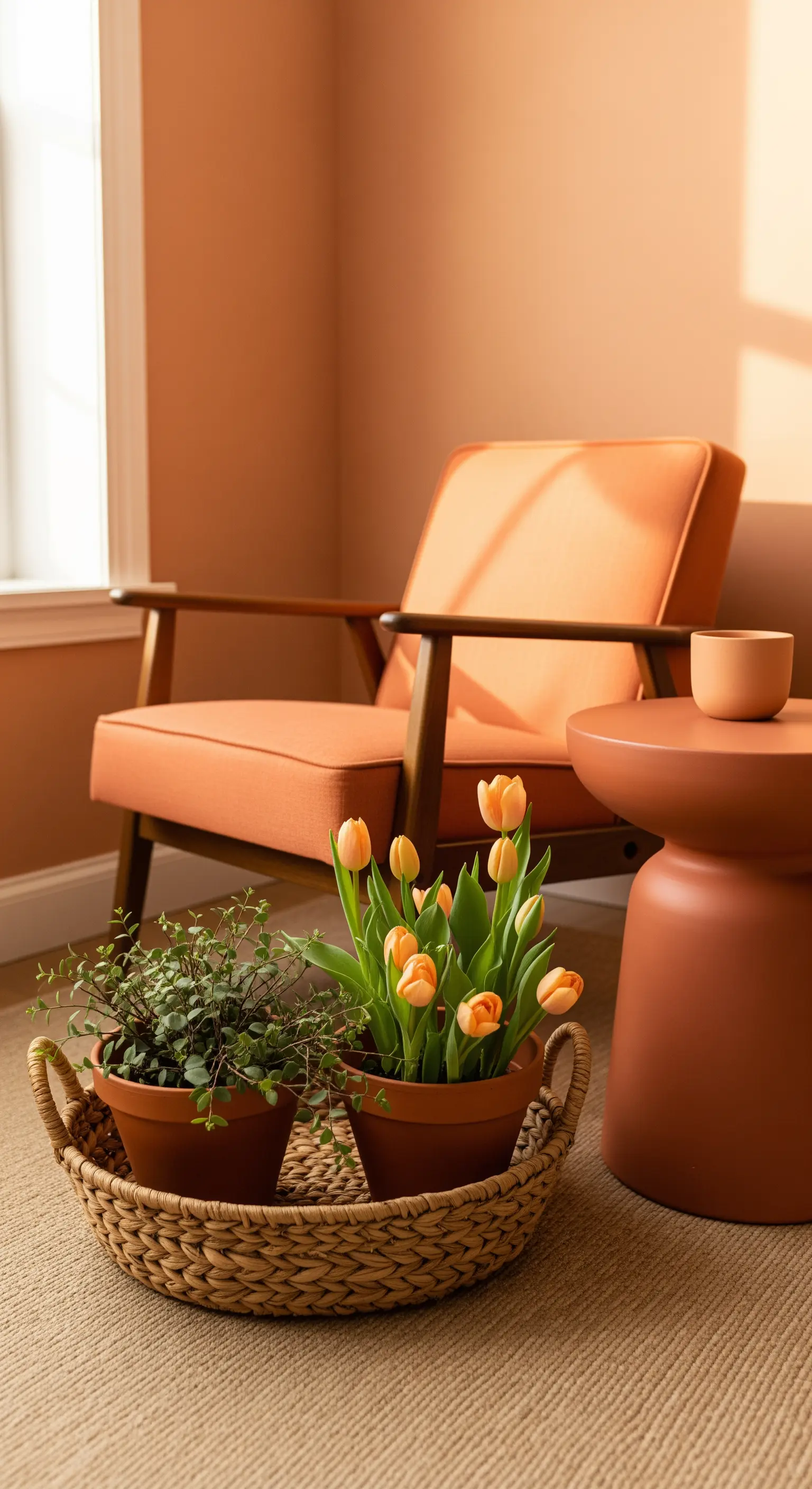 Leseecke mit orangem Sessel, Terrakotta-Beistelltisch und Tulpen in einem Korb.