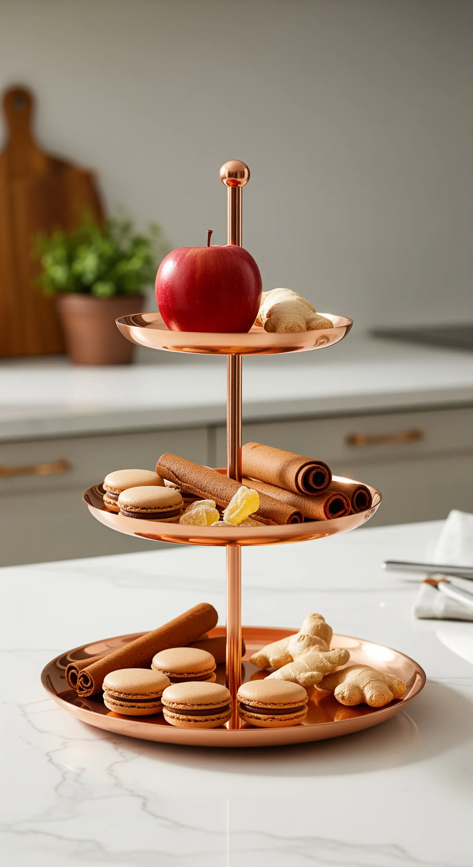 Etagere aus Kupfer mit Macarons, Zimt und einem roten Apfel.