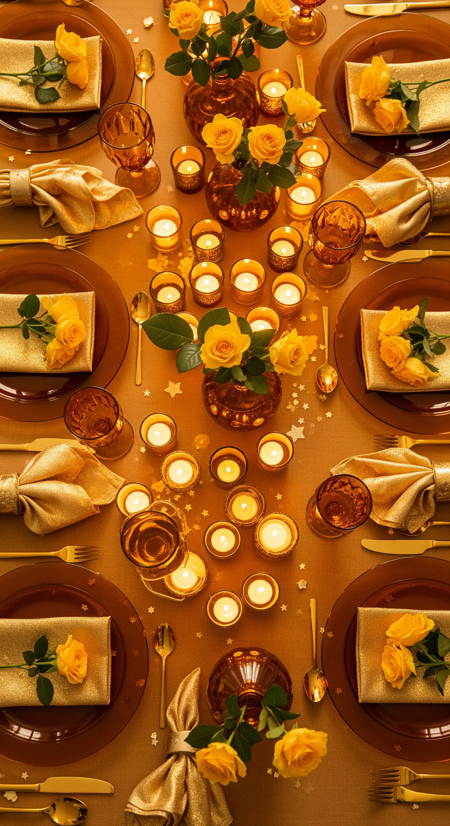 Goldener Tisch mit vielen Kerzen, gelben Rosen und goldener Tischdeko