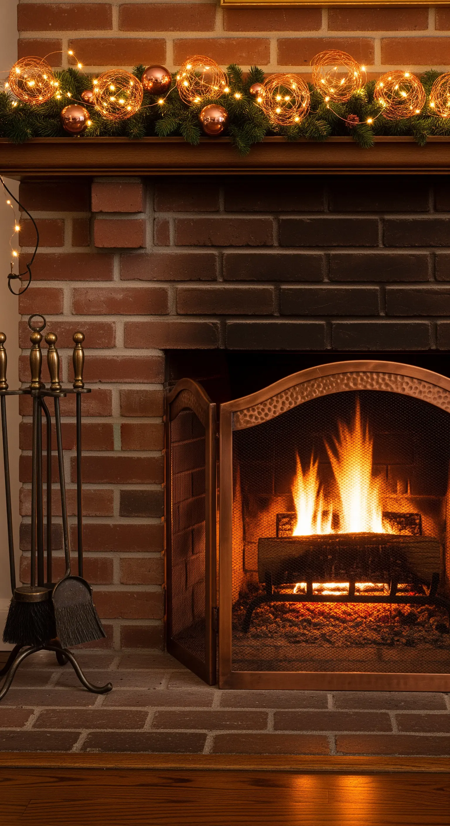 Backsteinkamin mit einer Girlande, die mit Kupferkugeln und einer Lichterkette dekoriert ist.