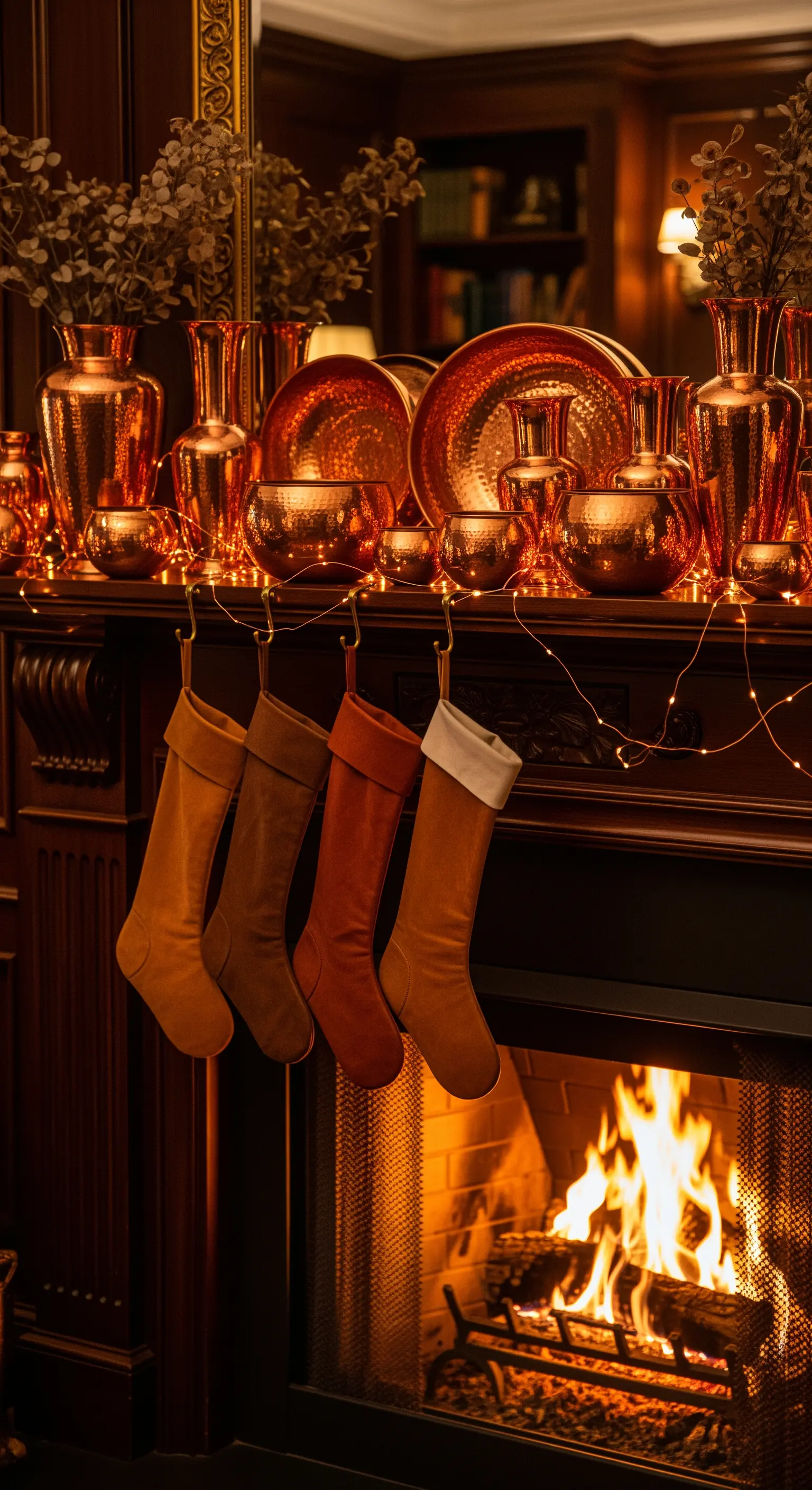 Dunkler Holzkamin mit Kupferdekorationen, Lichterketten und Strümpfen in Herbstfarben