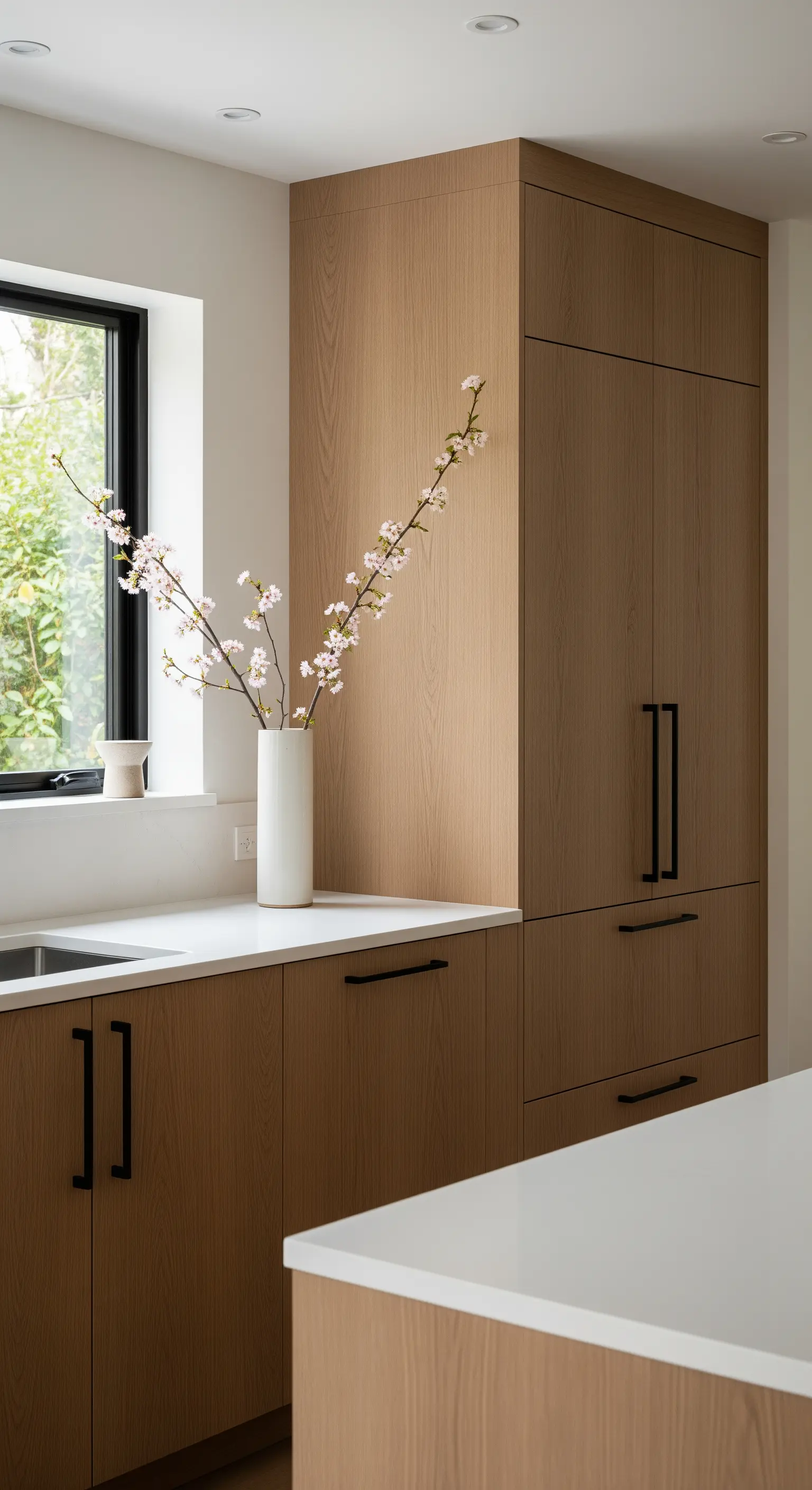 Helle Holzküche mit schwarzen Griffen und einer weißen Arbeitsplatte.