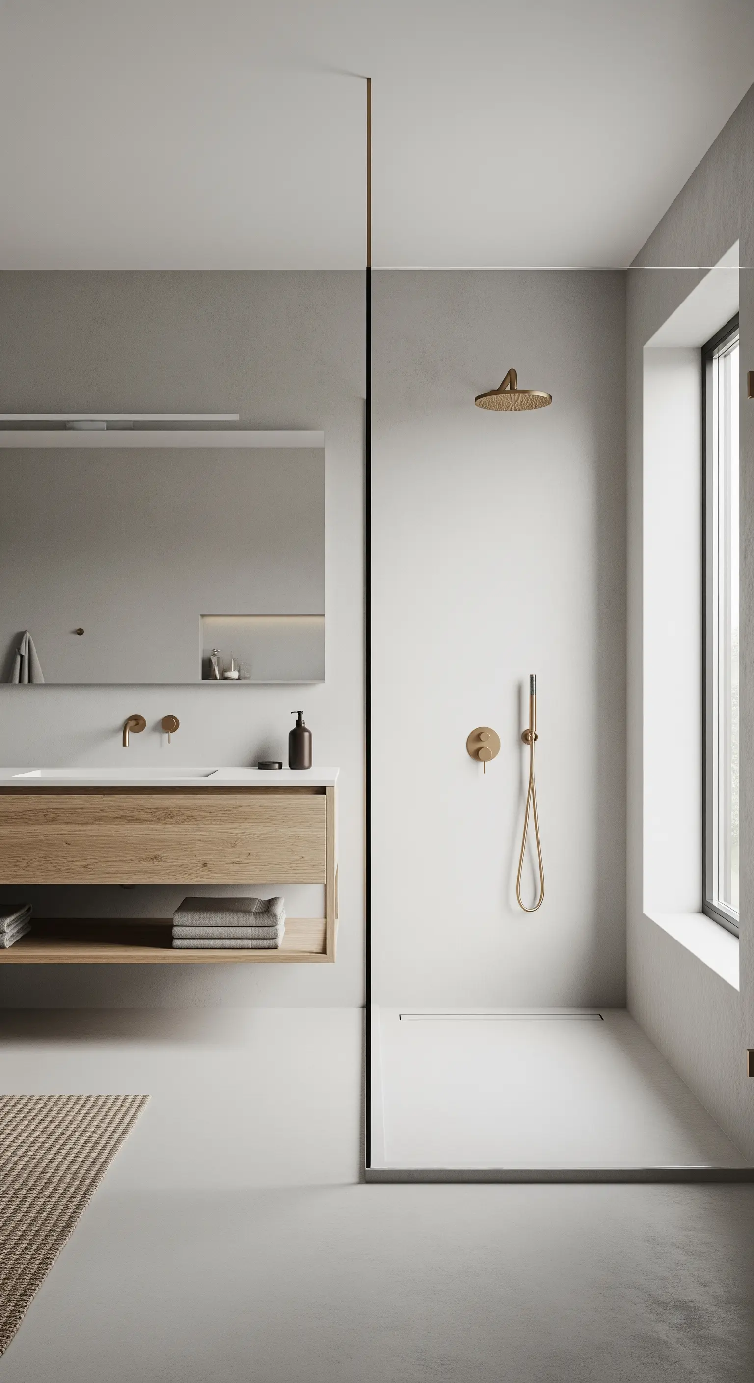 Minimalistisches Badezimmer mit beigen Wänden, Holzwaschtisch und goldenen Armaturen