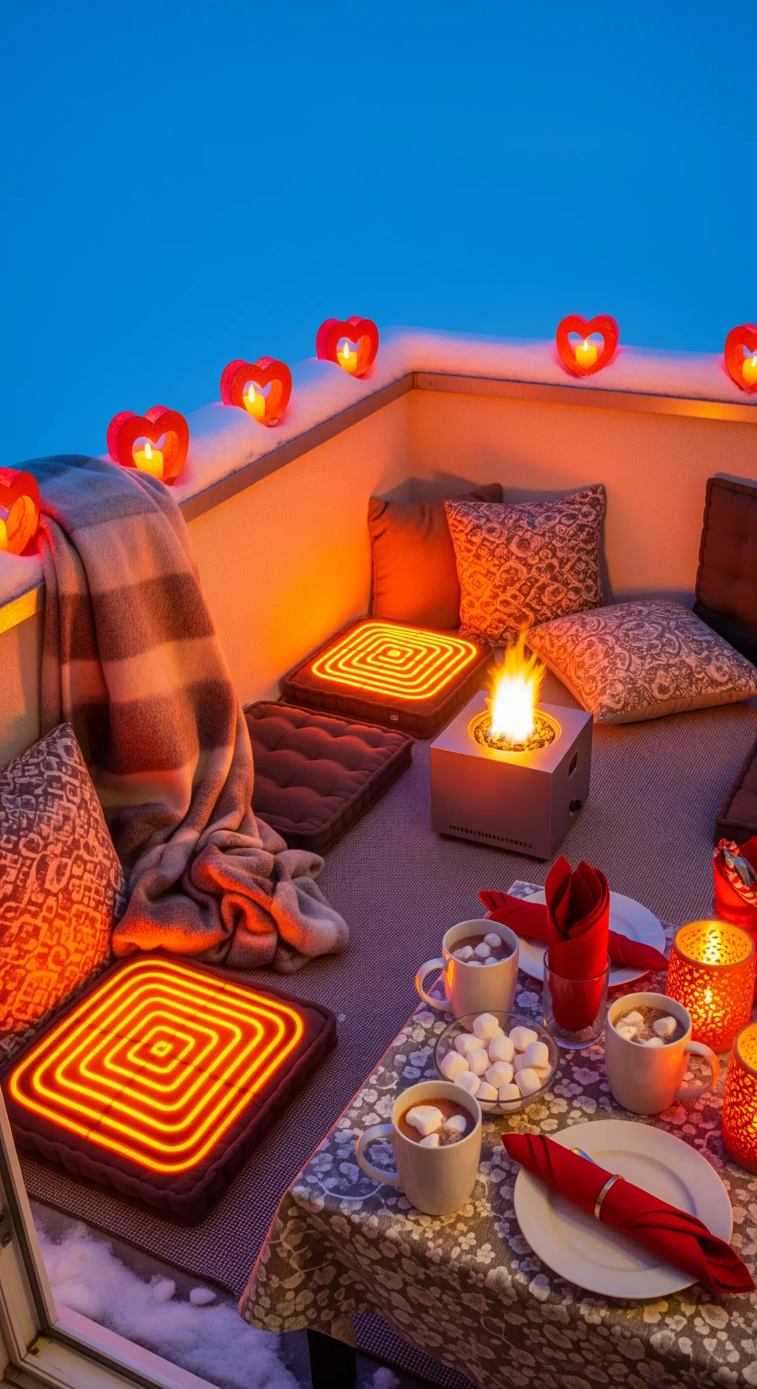 Winterbalkon mit Feuerstelle, Heizmatten, herzförmigen Lichtern und Heißgetränken.