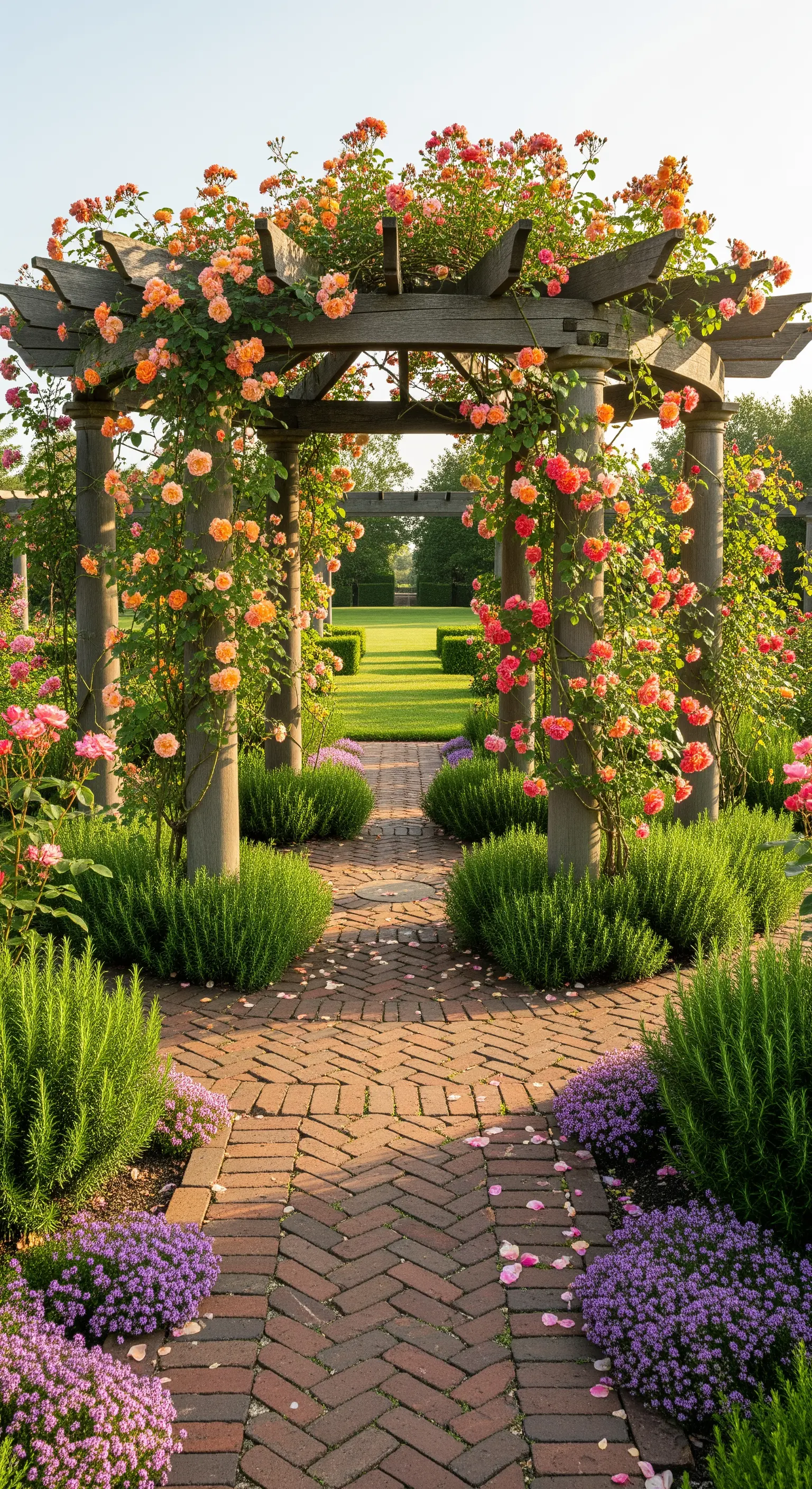 Holzpergola mit pfirsichfarbenen Rosen über einem Ziegelpfad, gesäumt von Rosmarin und Thymian