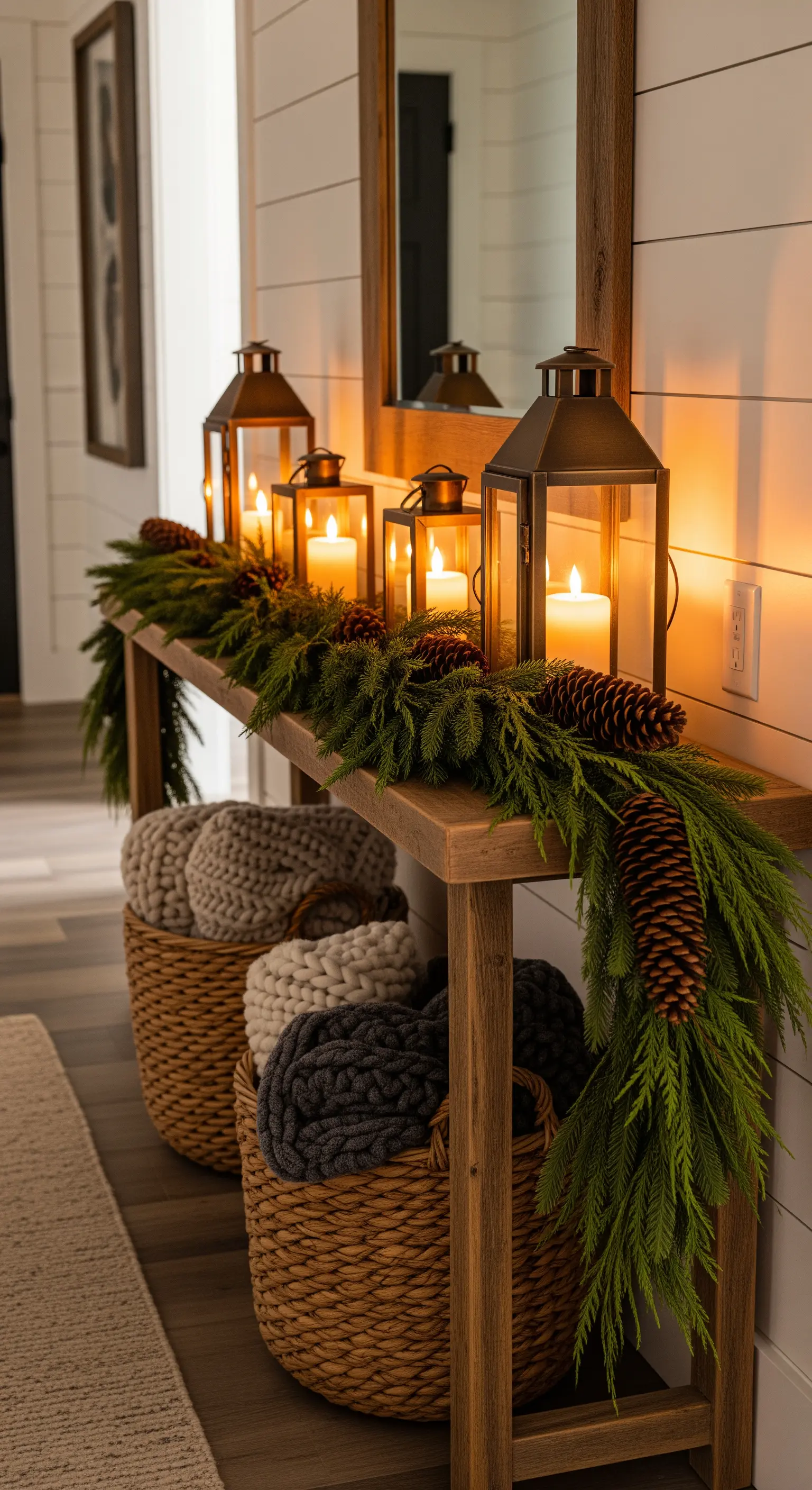 Rustikaler Eingang mit Konsolentisch, leuchtenden Laternen, Wintergirlande und Decken in Körben