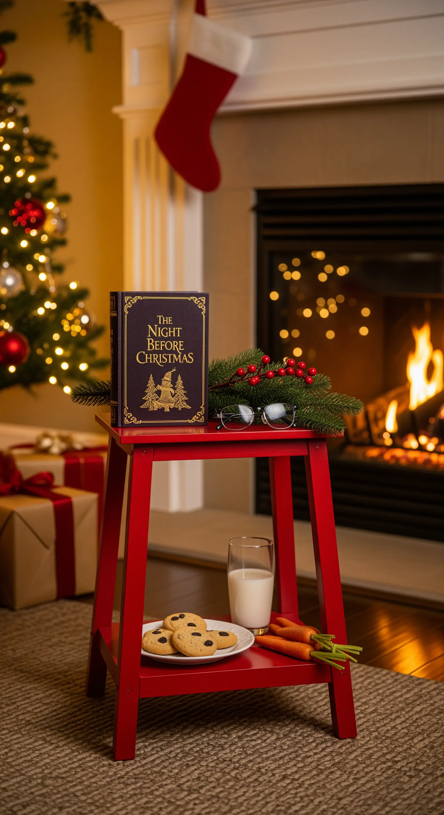 Roter Hocker neben dem Kamin mit Milch, Keksen und einem Weihnachtsbuch.