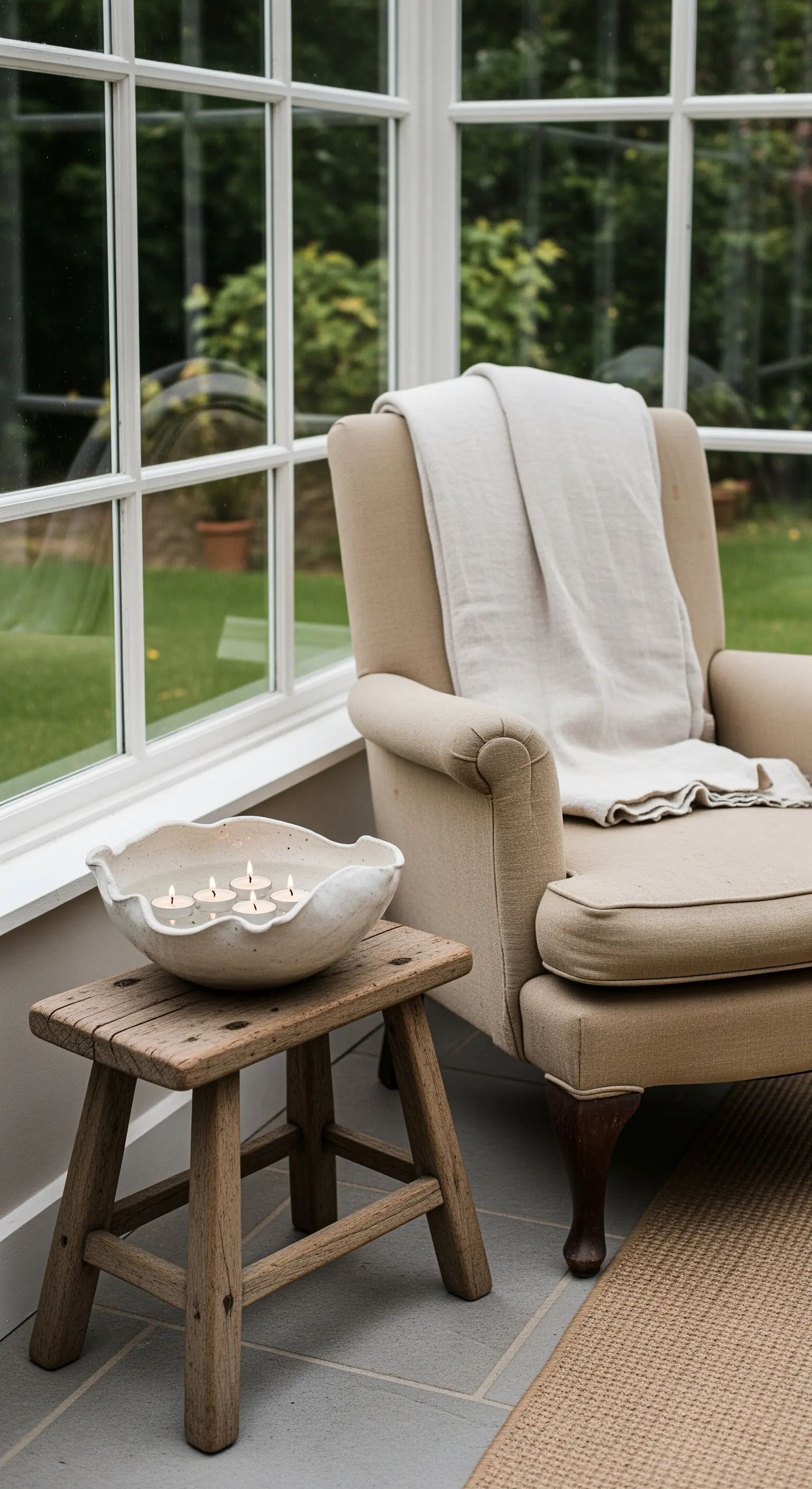Schwimmkerzen in einer Schale auf einem Holzhocker neben einem Sessel.
