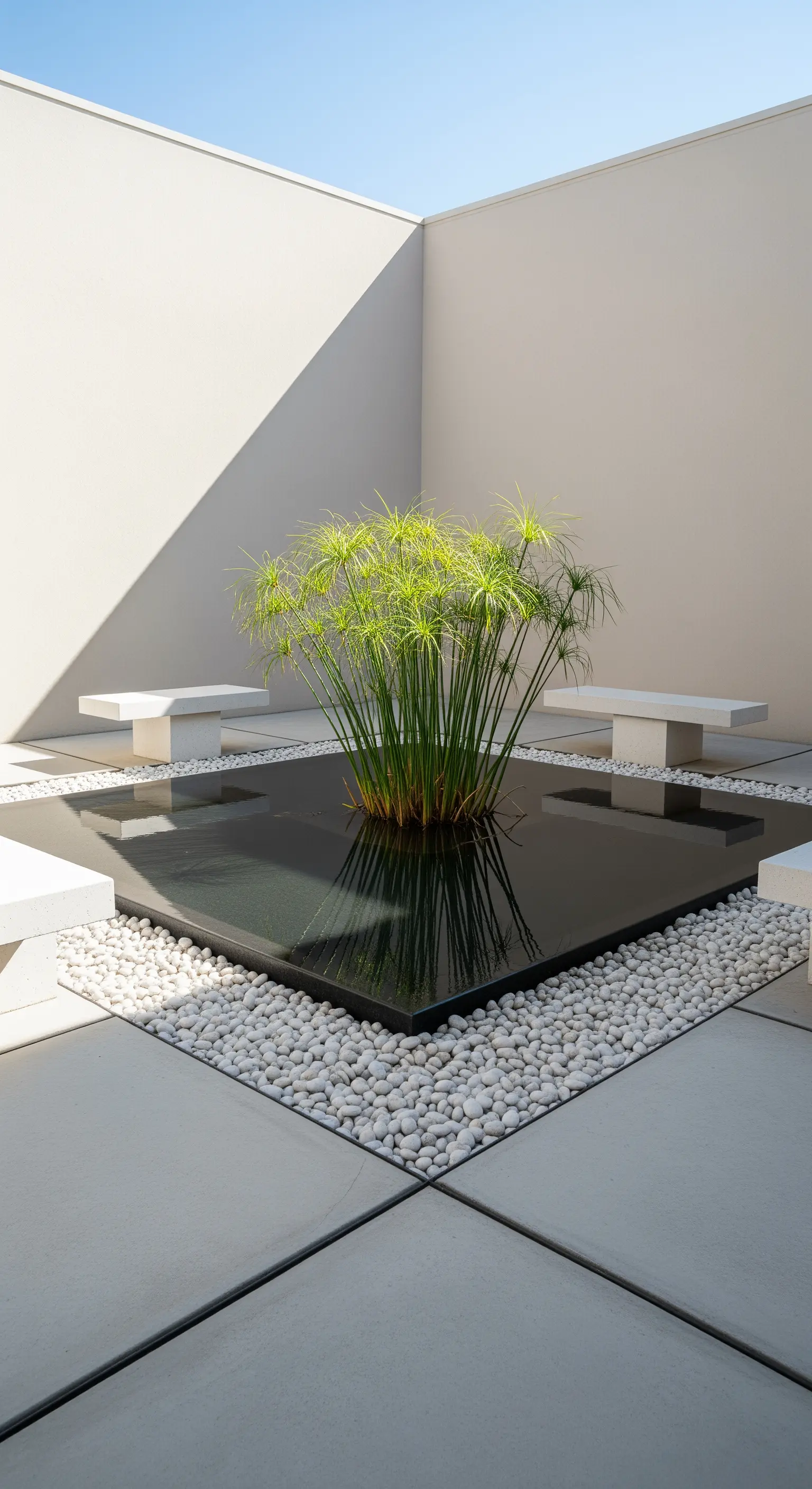 Moderner Hof mit Wasserbecken, Papyrus und weißen Kieseln