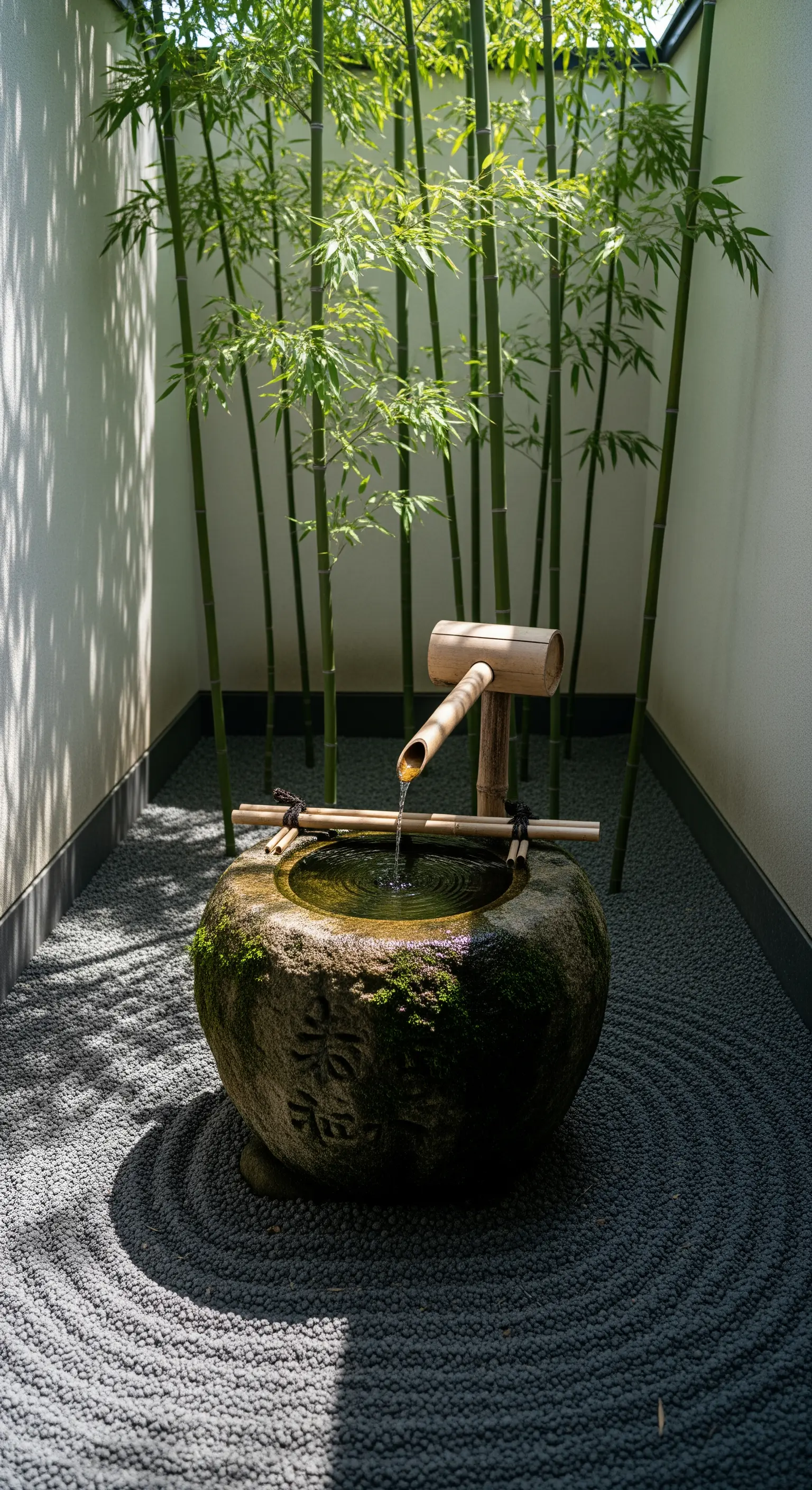 Meditatives Steinbecken mit Bambus-Wasserspiel und gerakeltem Kies