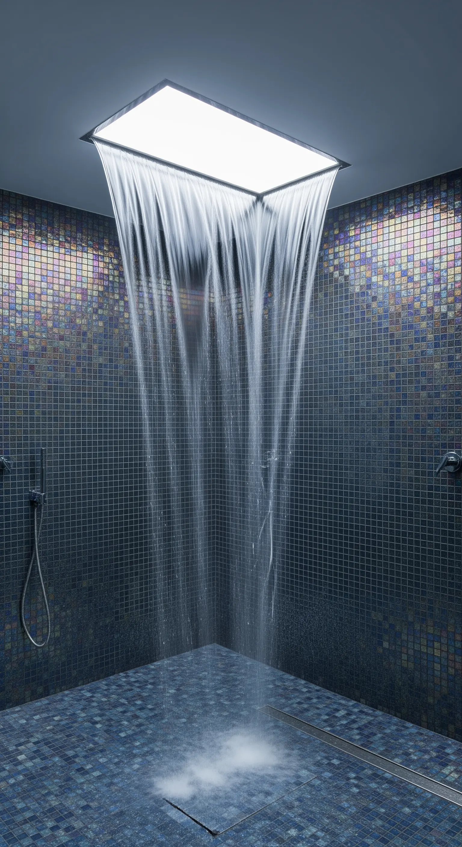 Dunkle Mosaikdusche mit einem in die Decke eingelassenen Wasserfall-Duschkopf