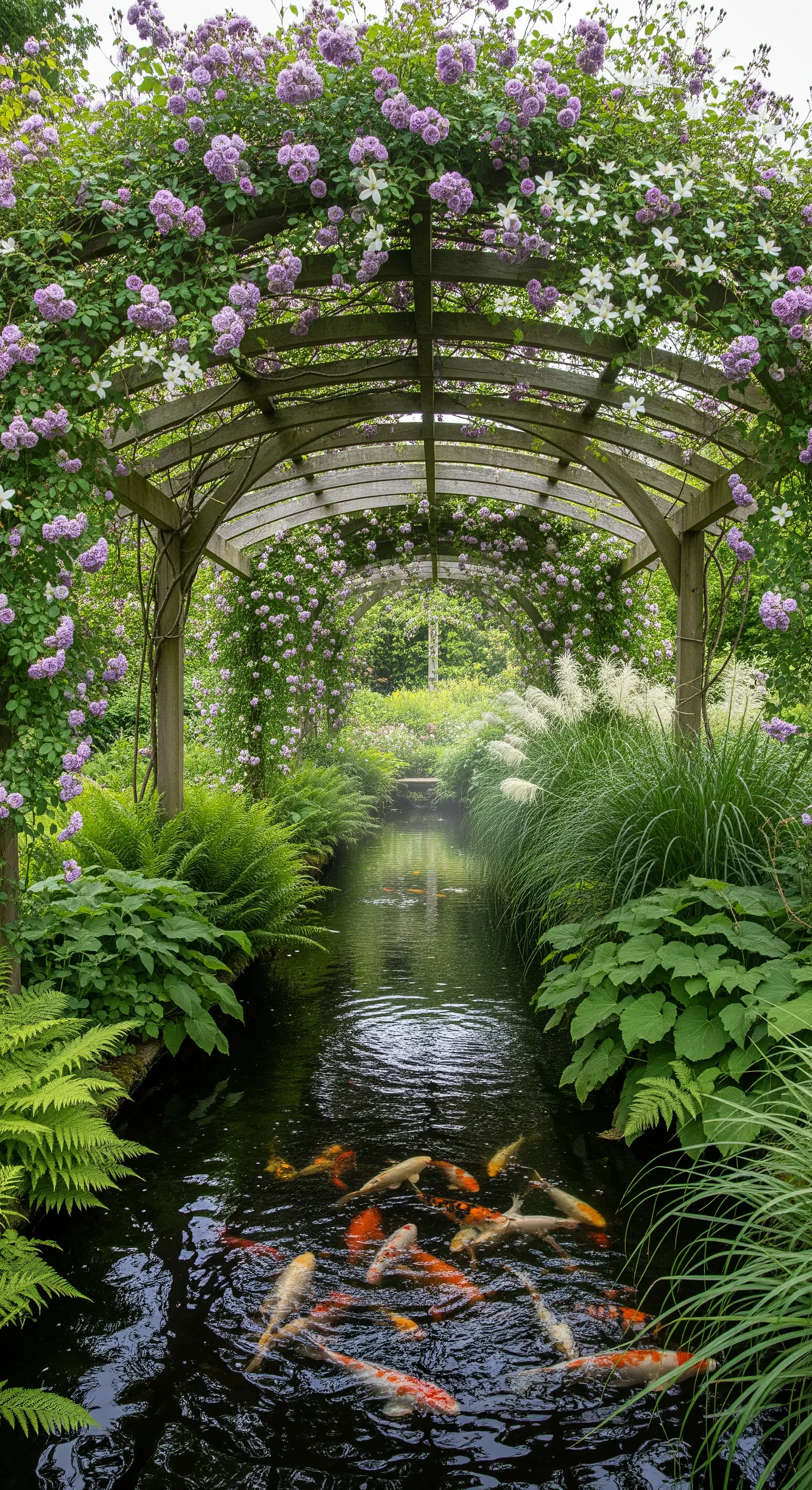 Holzpergola mit violetten und weißen Blumen über einem Wasserlauf mit Koi-Karpfen und Farnen