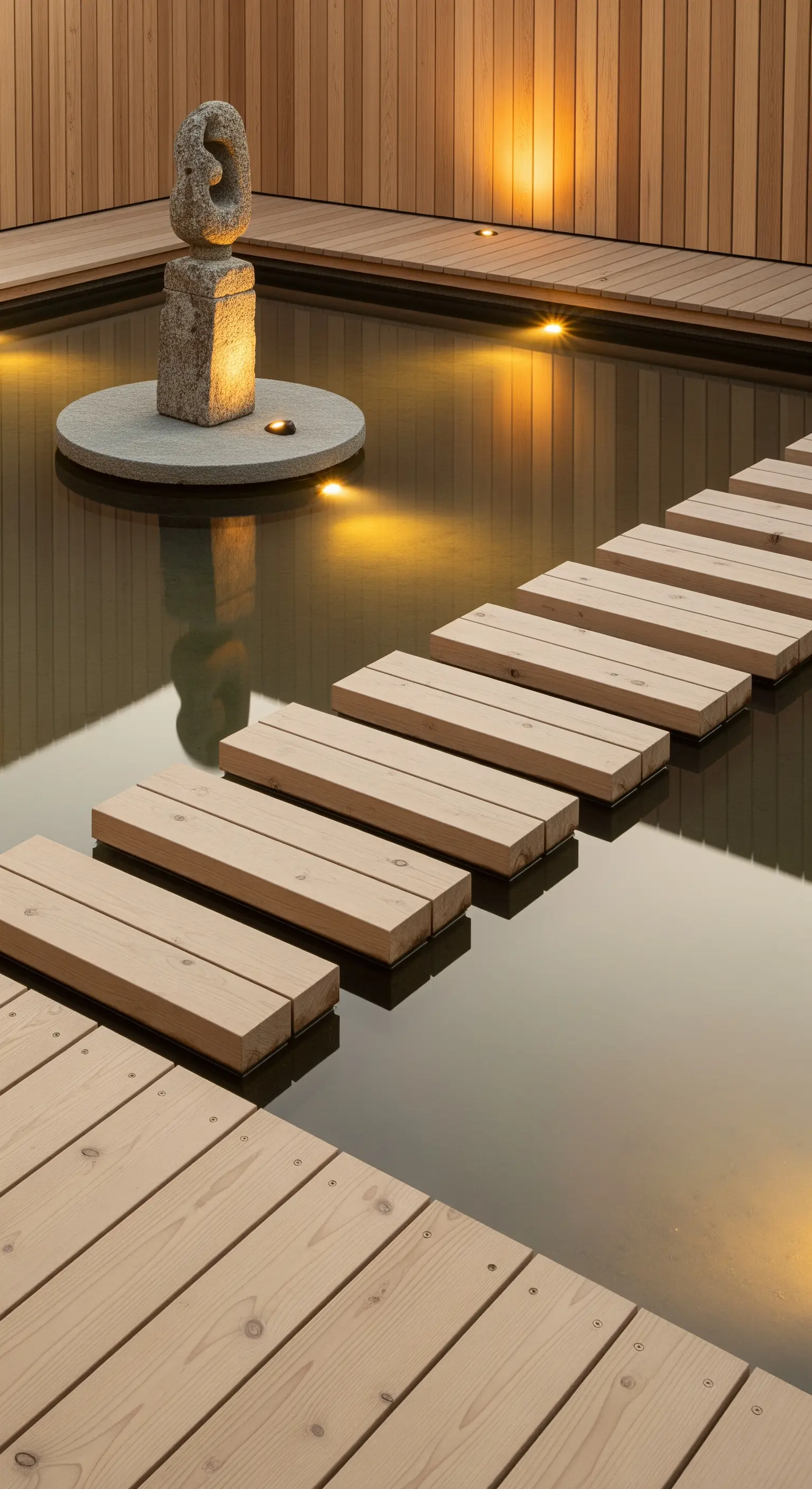 Japandi Teich mit Holzstegen, Unterwasserbeleuchtung und Steinlaterne im Wasser