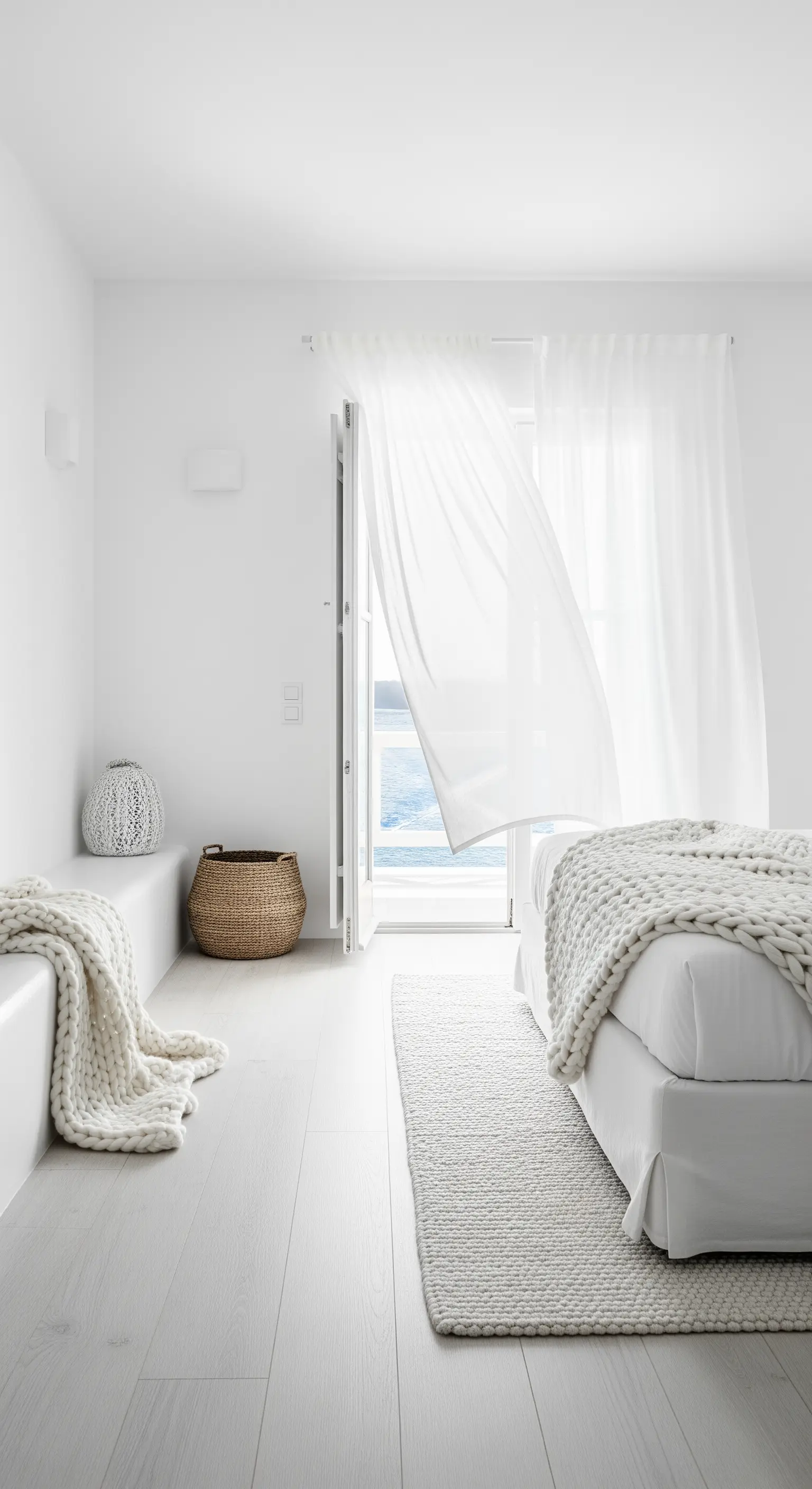 Minimalistisches, weißes Schlafzimmer mit verschiedenen Texturen wie Strick und gewebtem Korb.