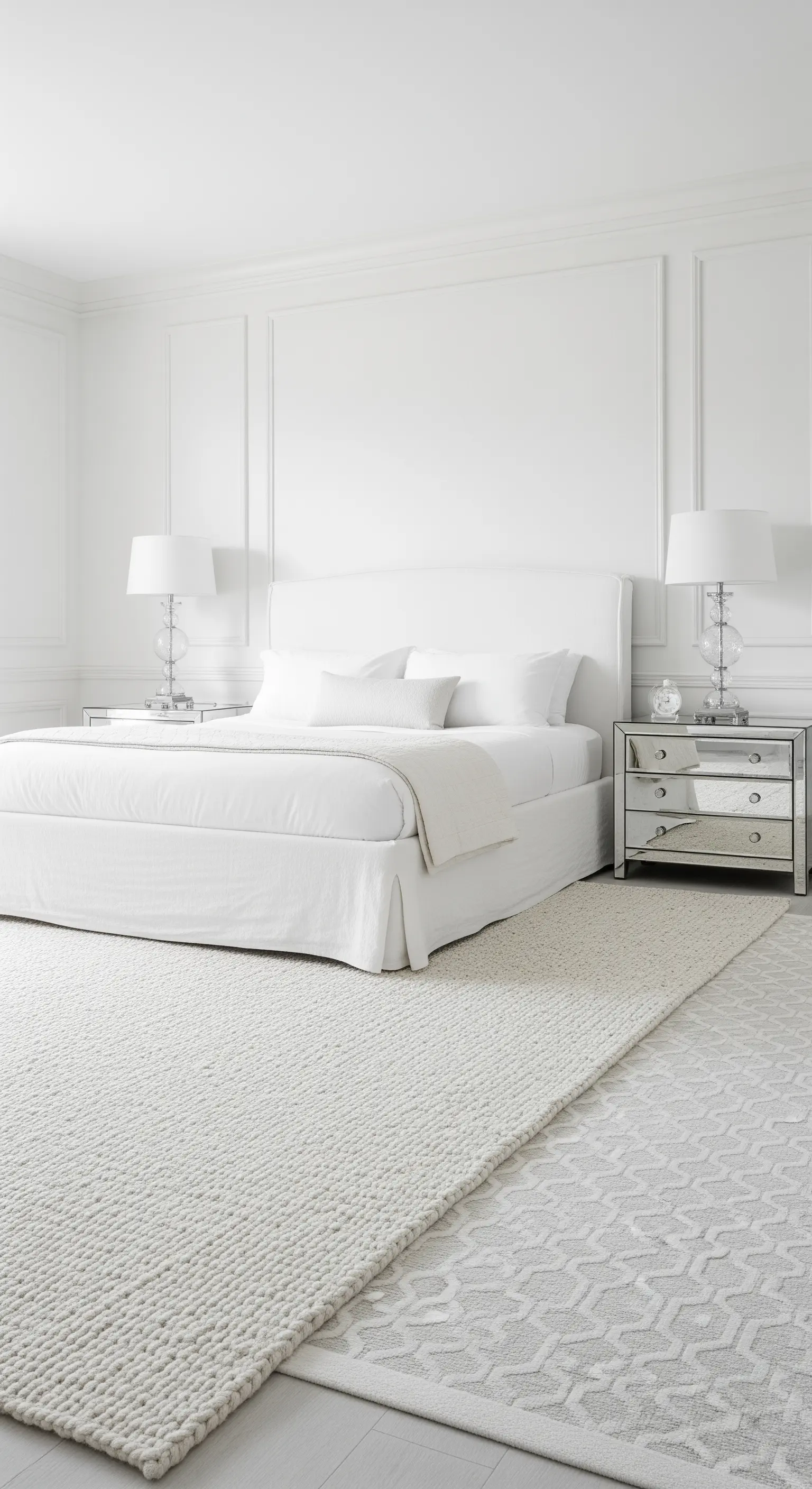 Reinweißes Schlafzimmer mit einem grob gestrickten Wollteppich auf einem flachen, gemusterten Teppich