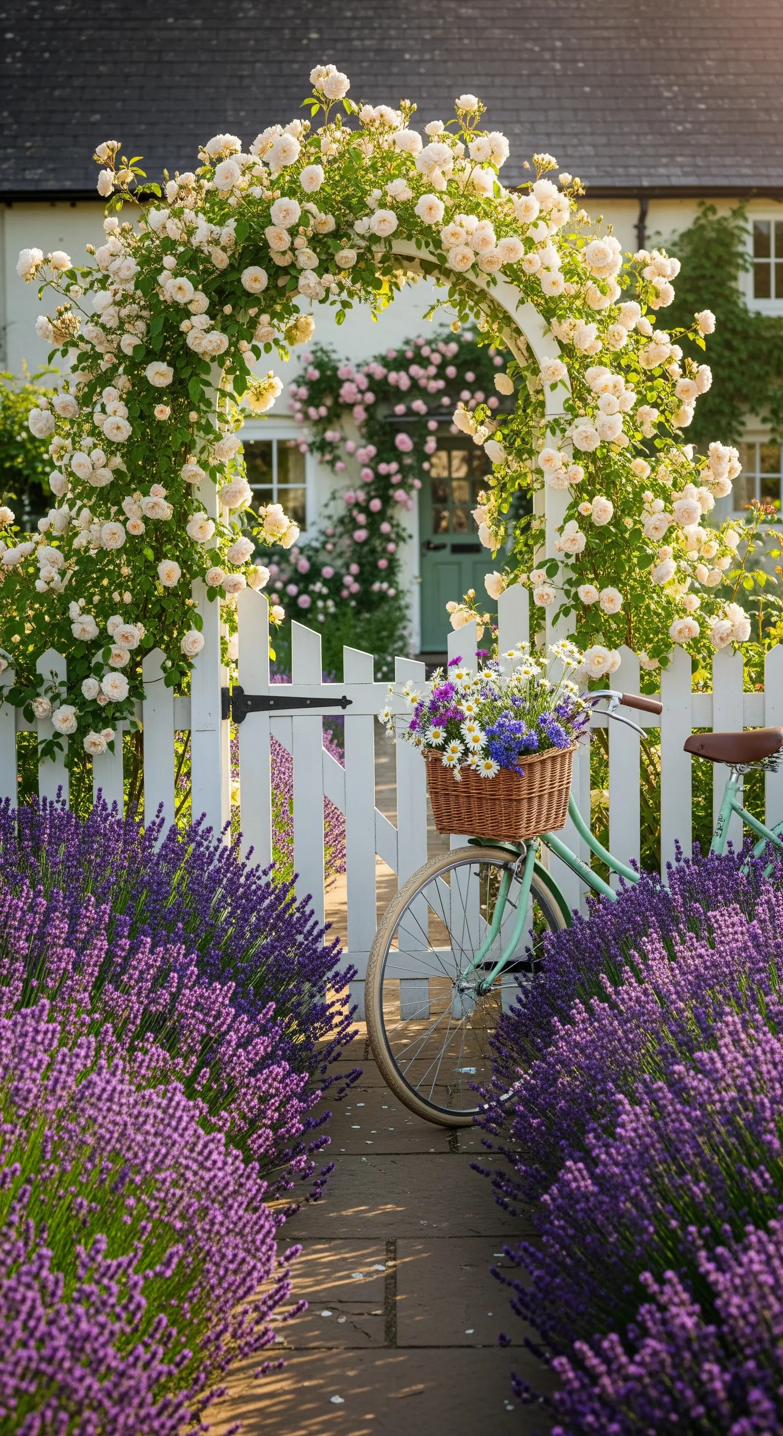 Weiße Gartenpforte mit Rosenbogen und cremeweißen Kletterrosen, umgeben von Lavendel, davor ein Fahrrad mit Blumenkorb.