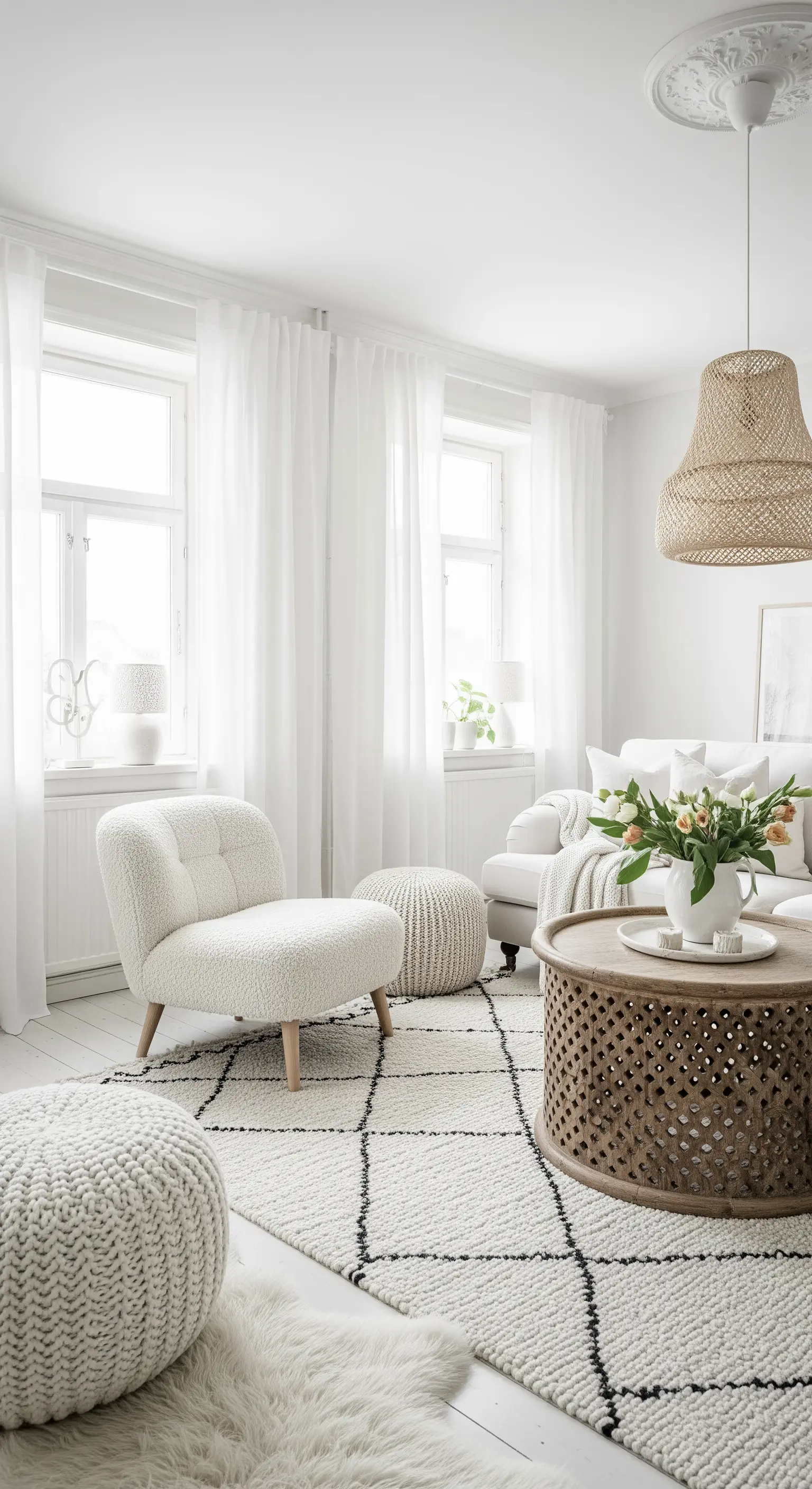 Weißes Wohnzimmer, Bouclé-Sessel, Makramee-Hängeleuchte