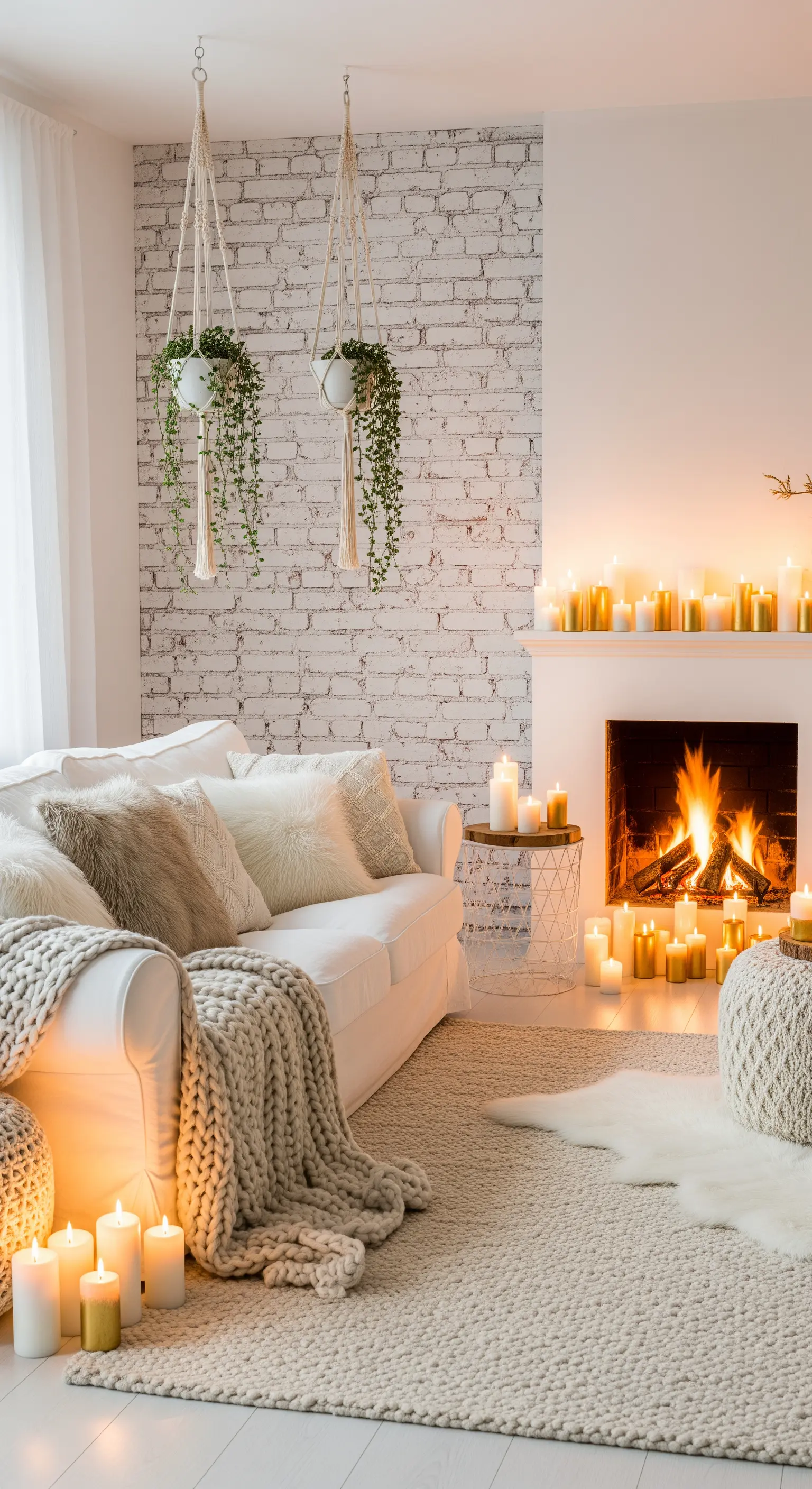 Weiße Backsteinwand mit hängenden Pflanzenampeln und Kamin voller Kerzen