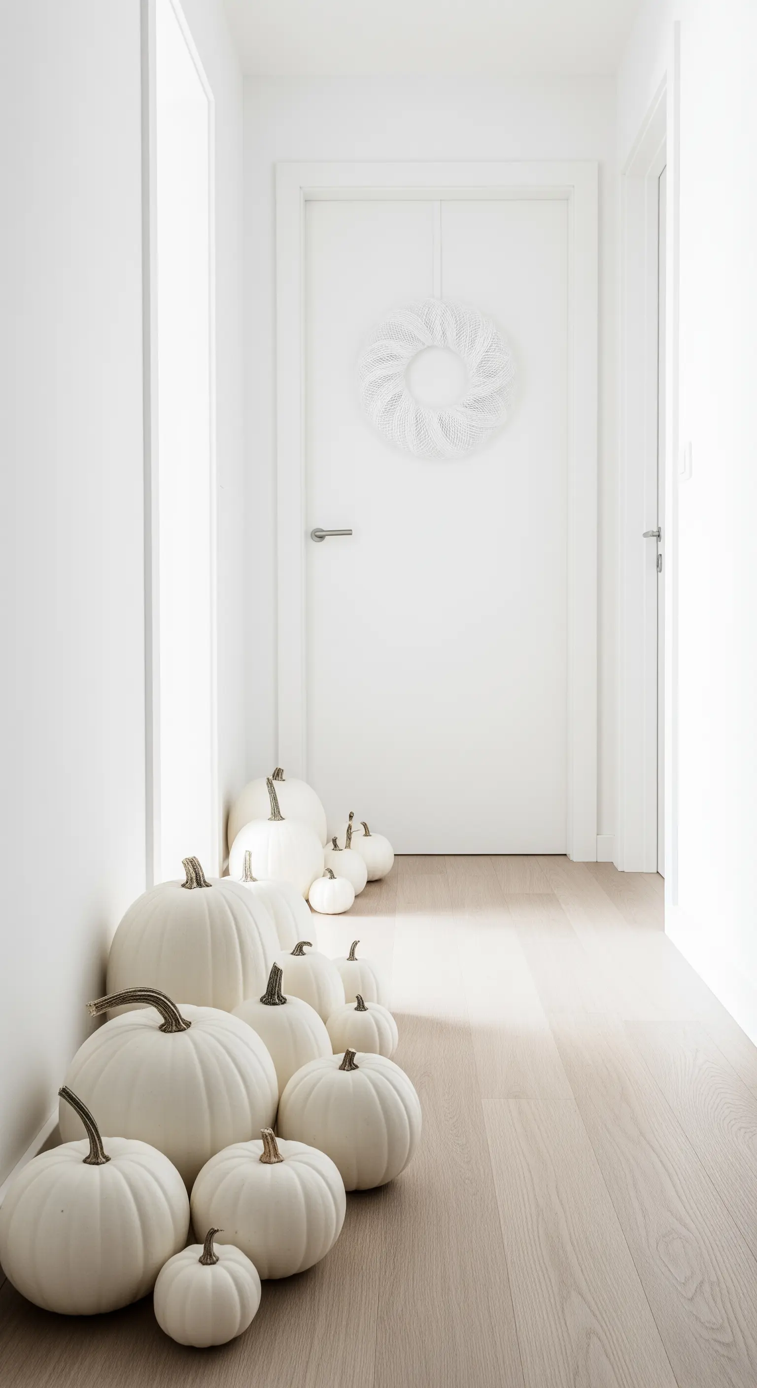 Flur mit weißen Kürbissen entlang der Wand und weißem Türkranz