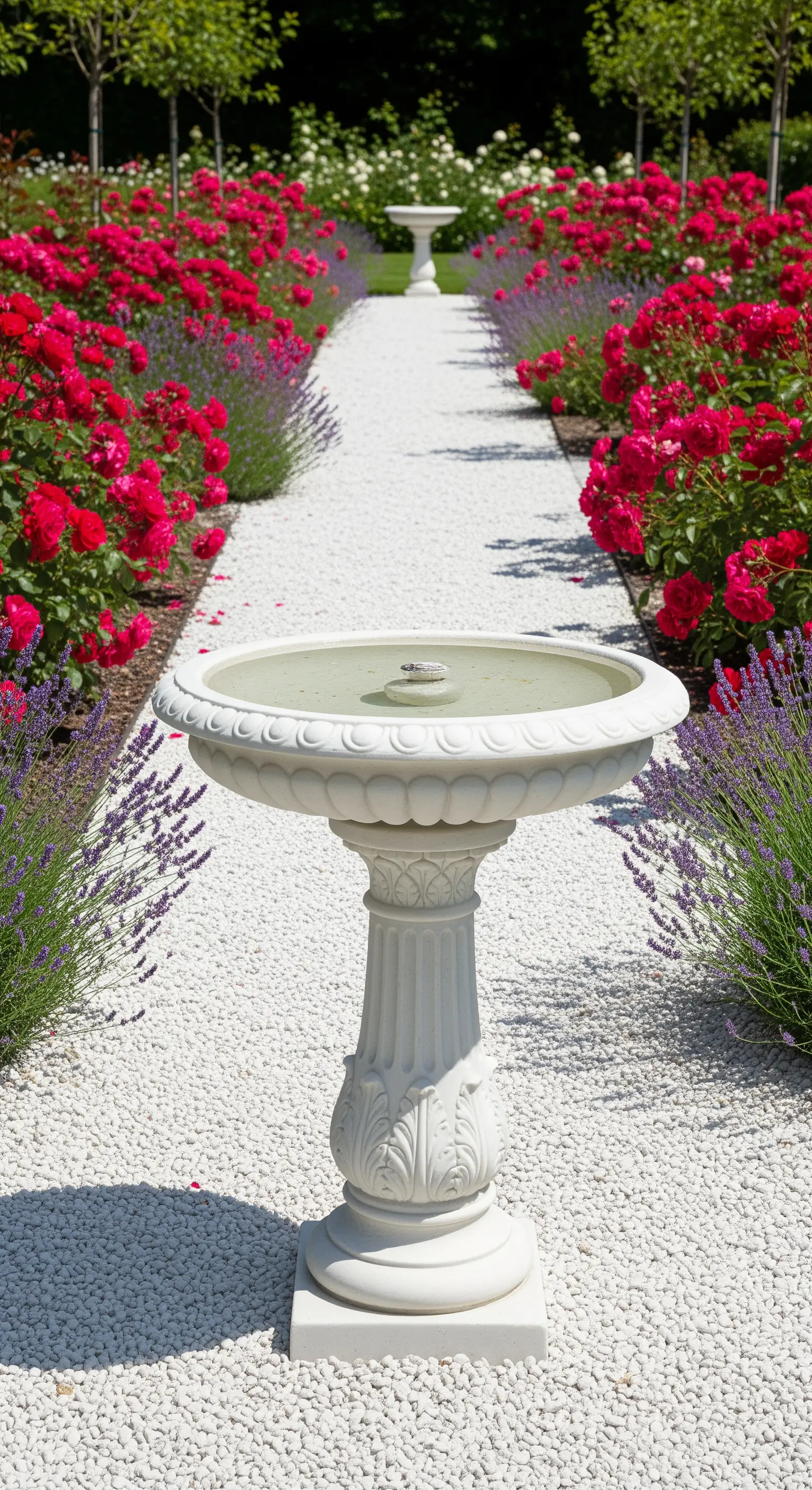 Weiße Steinguss-Vogeltränke im Zentrum eines Kiesweges, umgeben von roten Rosen