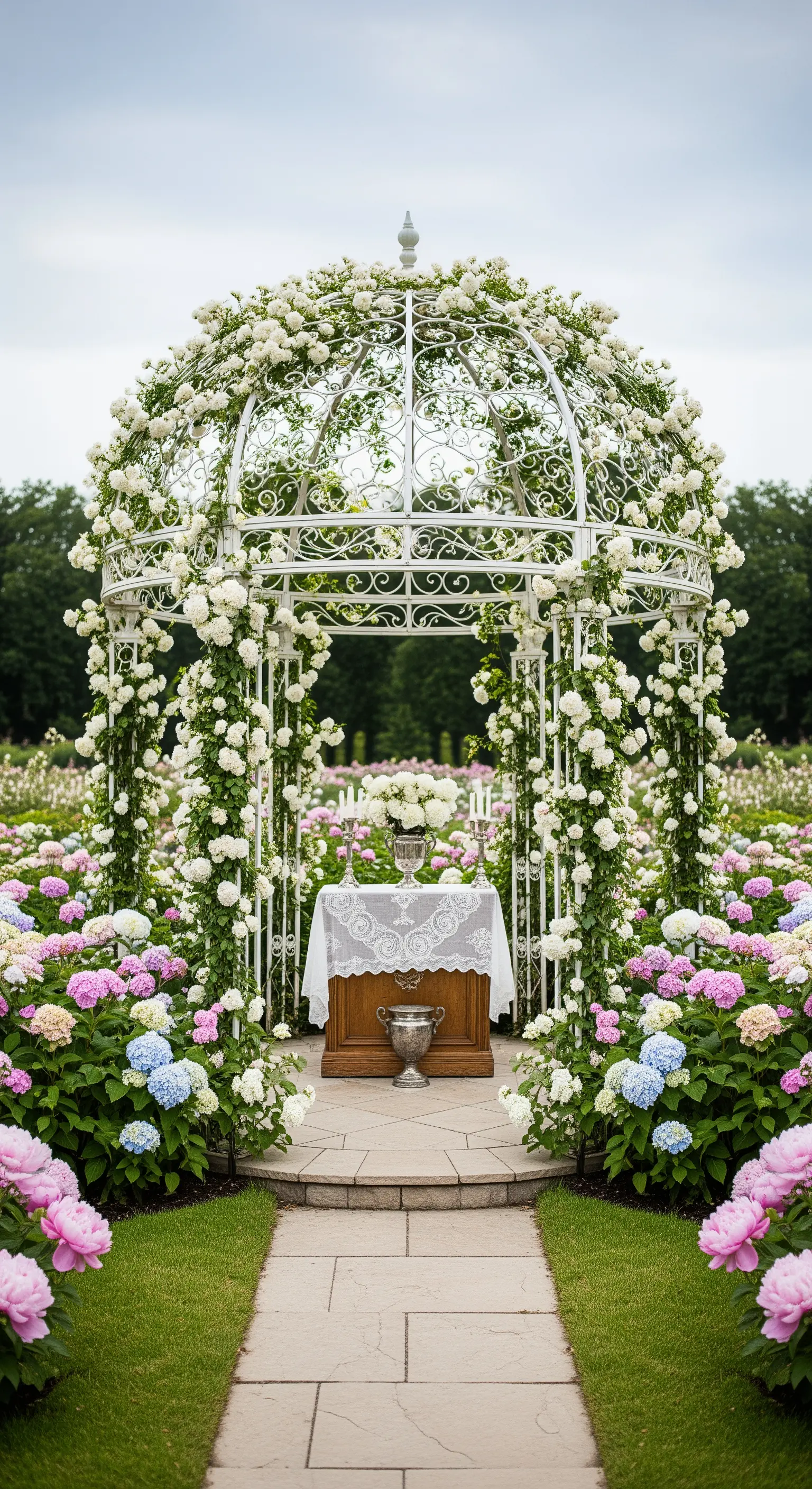 Eleganter weißer Pavillon, üppig mit weißen Kletterrosen und umliegenden Hortensien und Pfingstrosen.