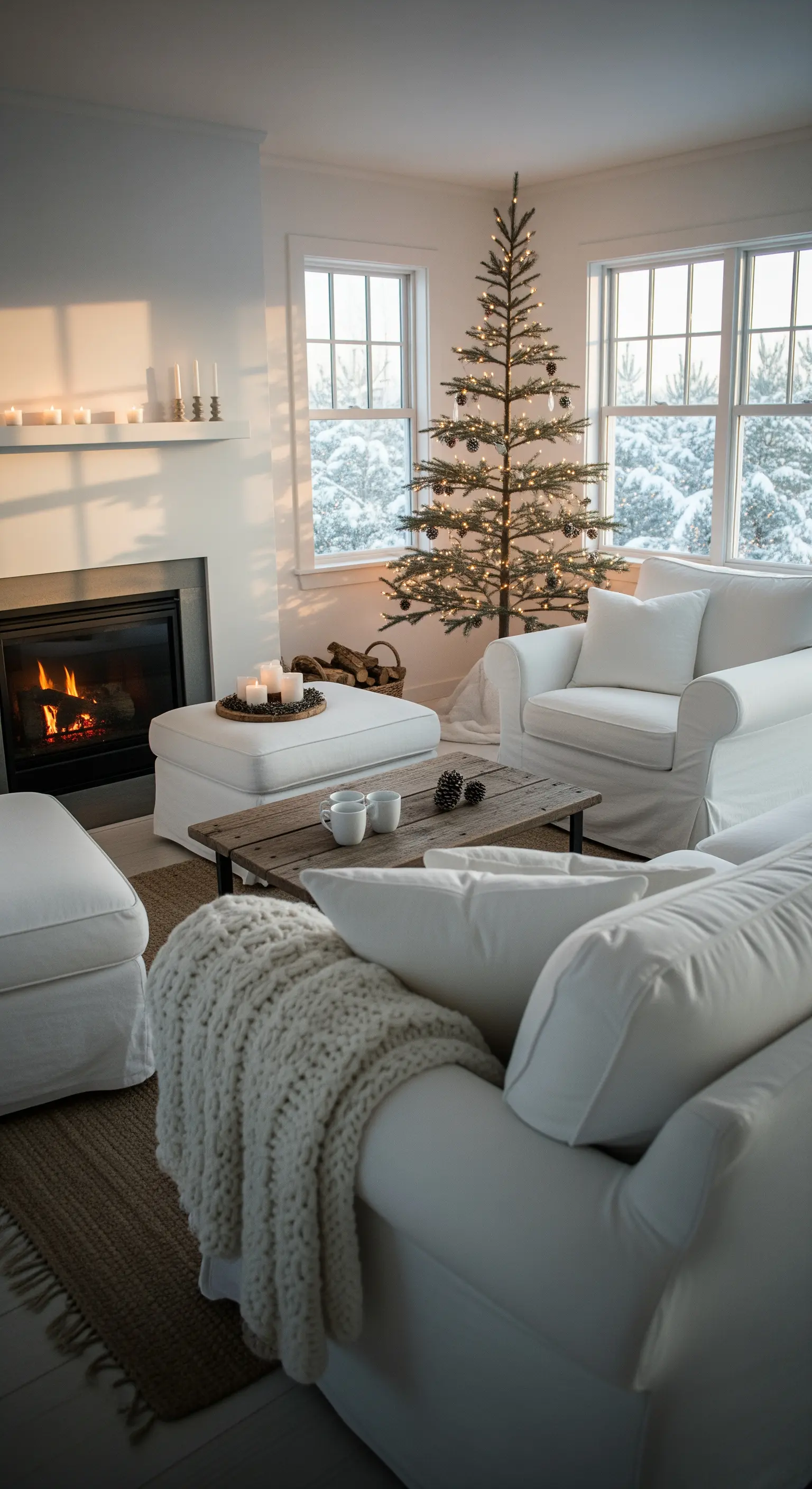Helles Wohnzimmer in Weiß mit Weihnachtsbaum, Kamin, Strickplaid und Kerzendeko.
