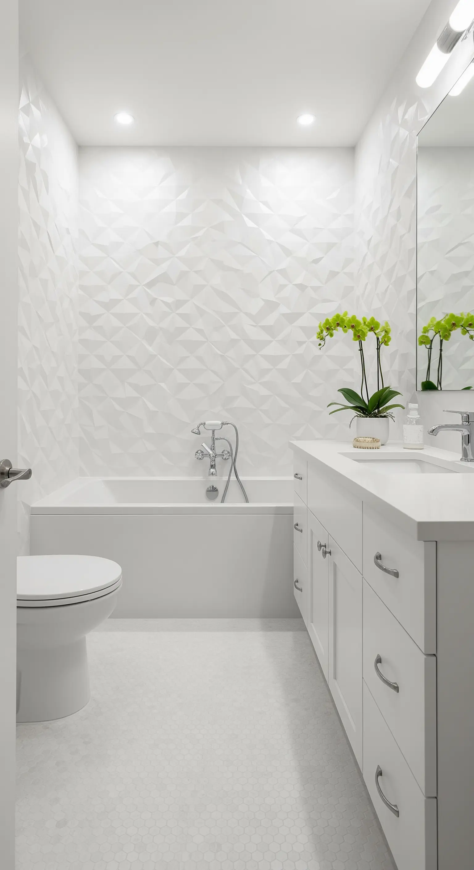 Reinweißes Badezimmer mit einer Akzentwand aus geometrischen 3D-Fliesen.