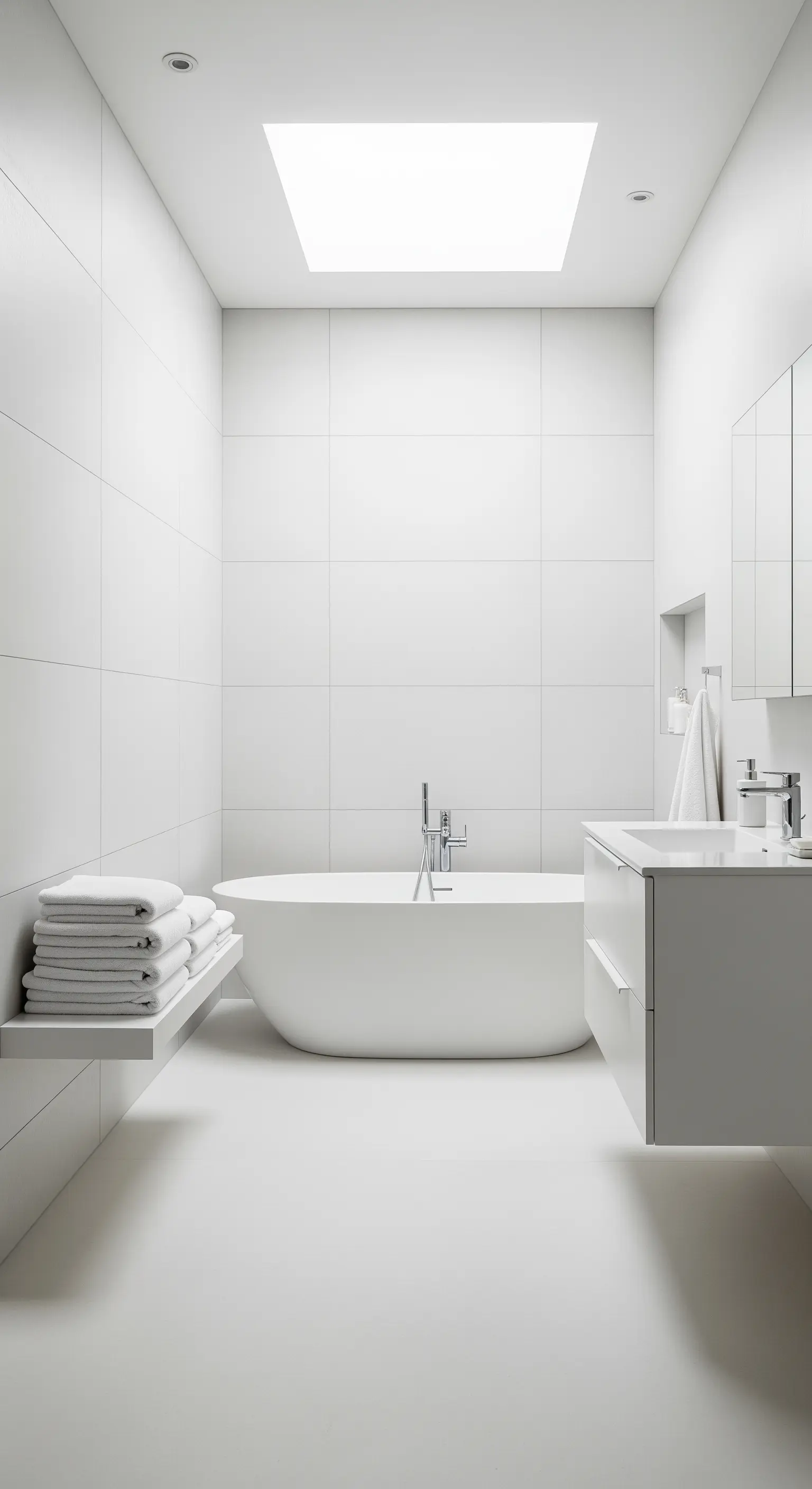 Reinweißes, minimalistisches Badezimmer mit Oberlicht und freistehender Wanne.